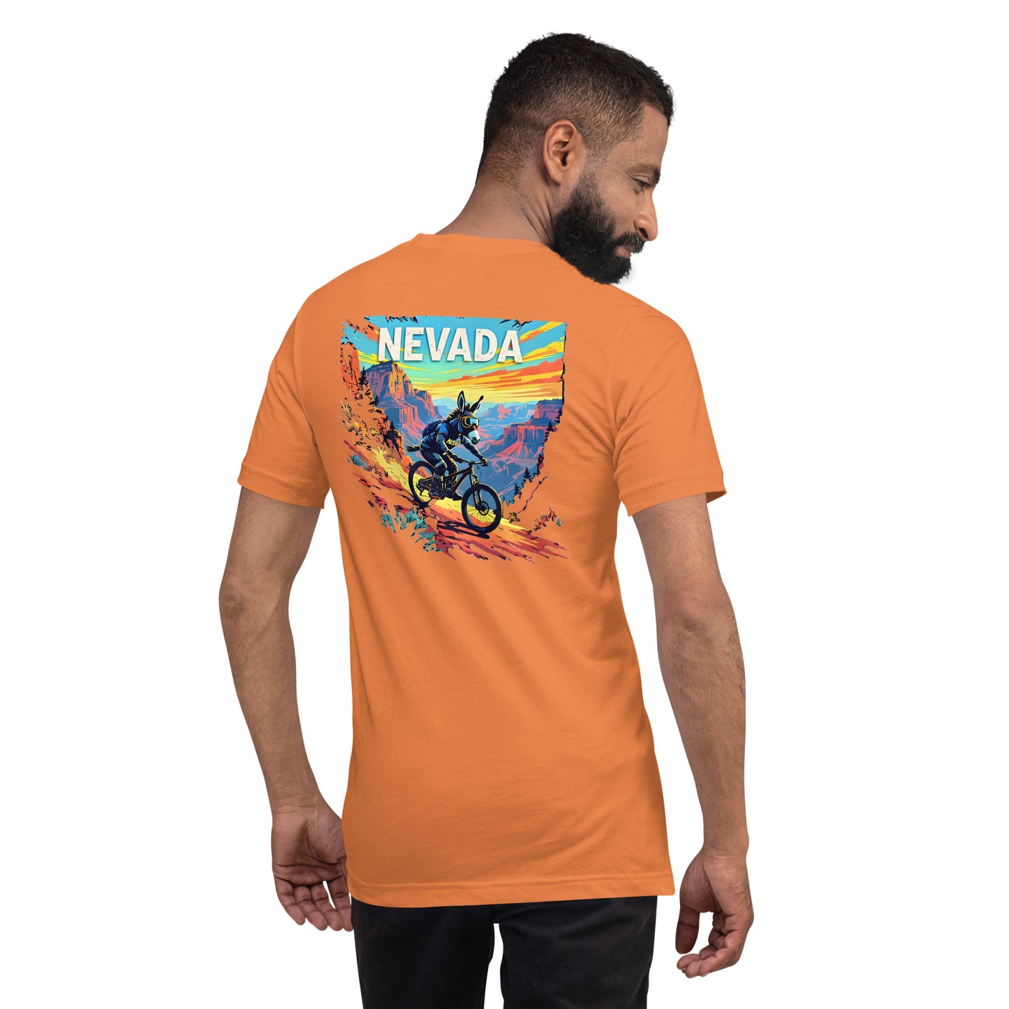 Man wearing an orange t-shirt with a colorful 'Nevada' graphic on the back.