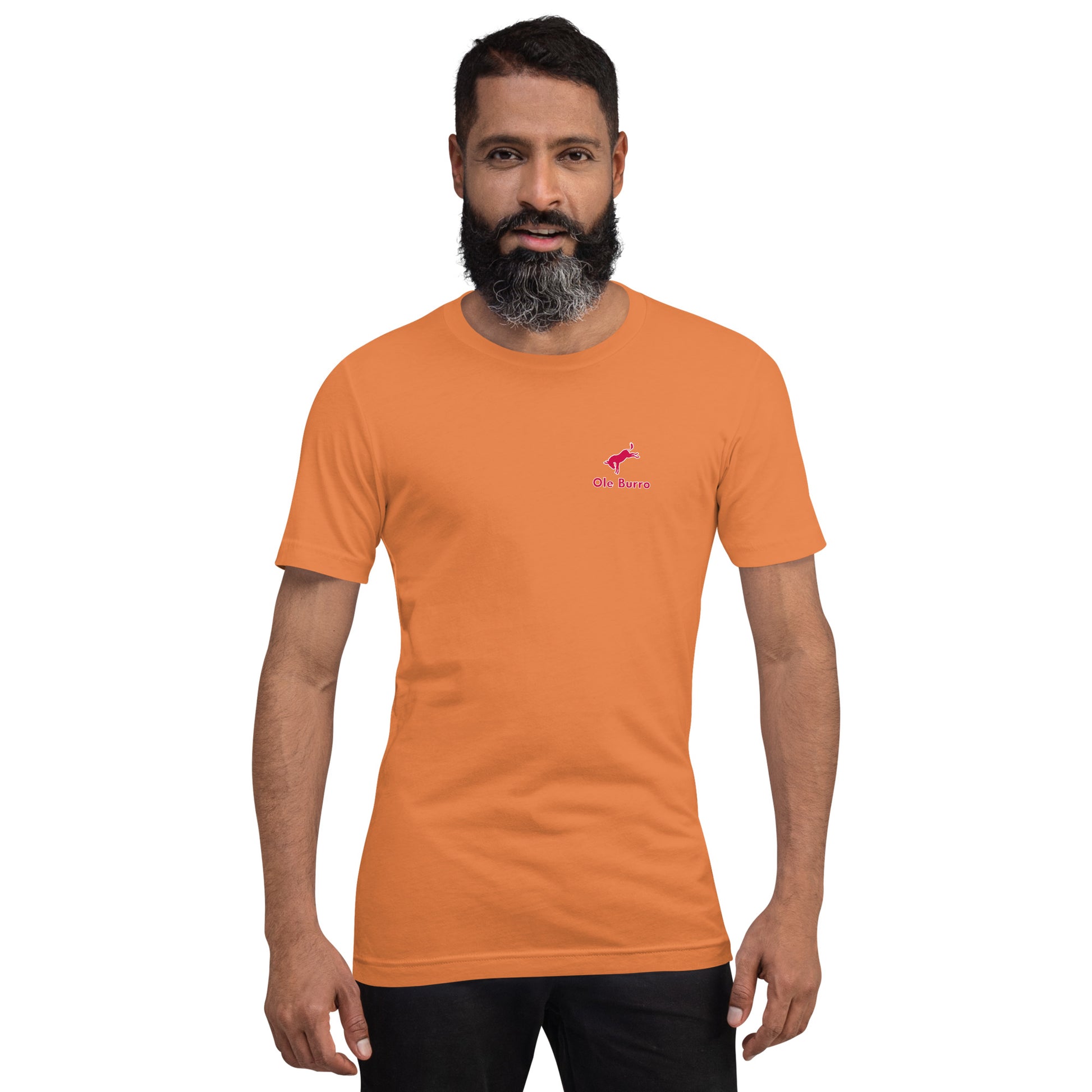 Man wearing an orange t-shirt with a logo on a white background