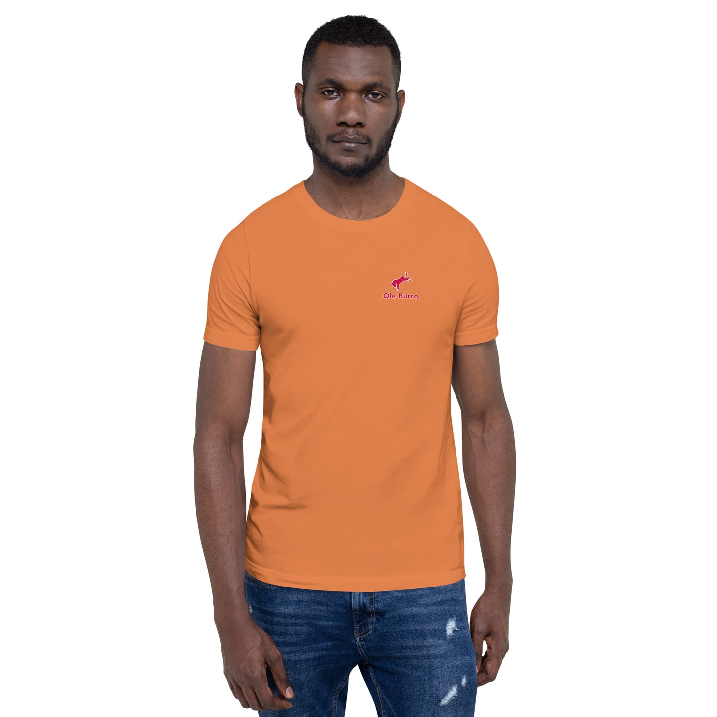 Man wearing an orange t-shirt with a logo on a white background