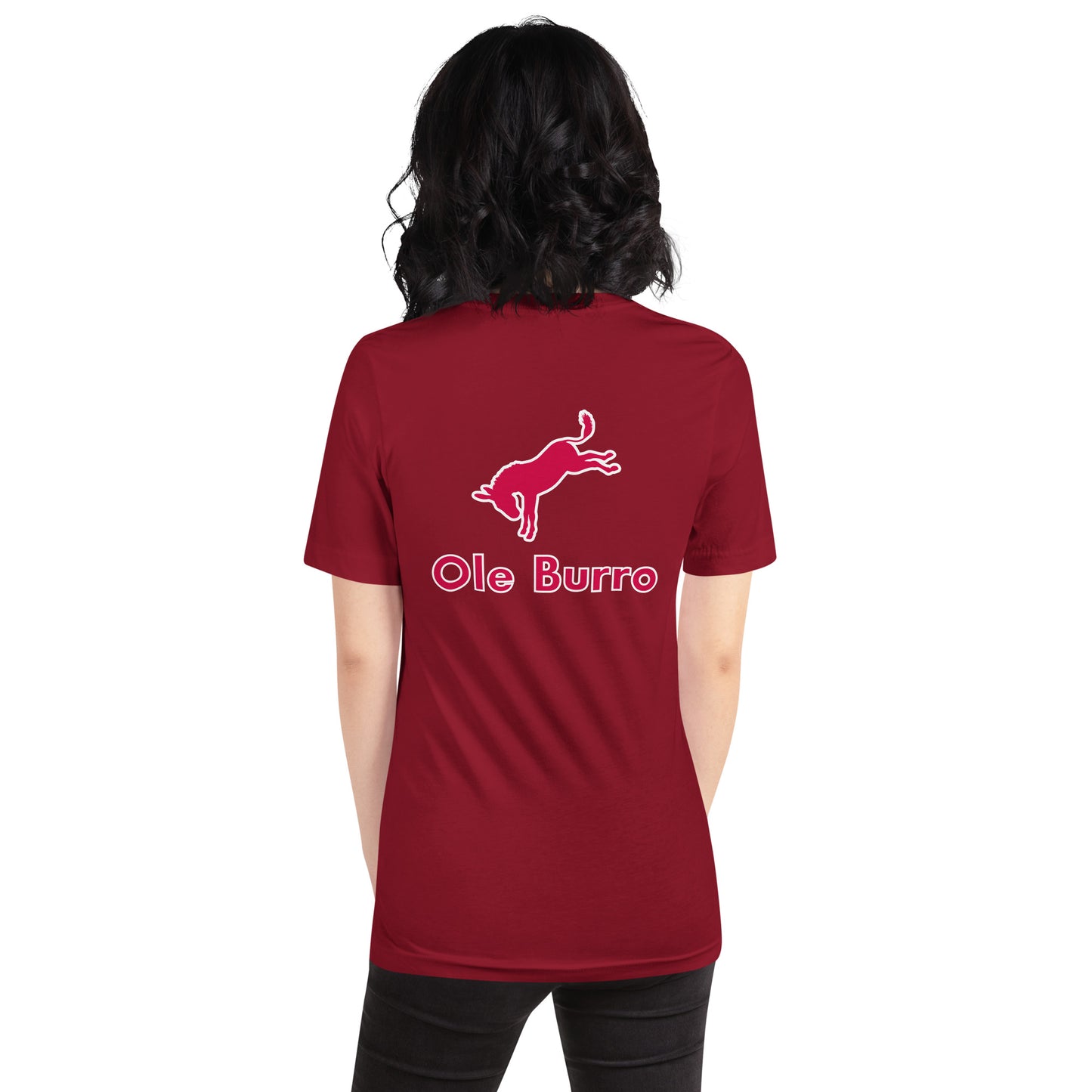 Person wearing a red t-shirt with 'Ole Burro' logo on the back