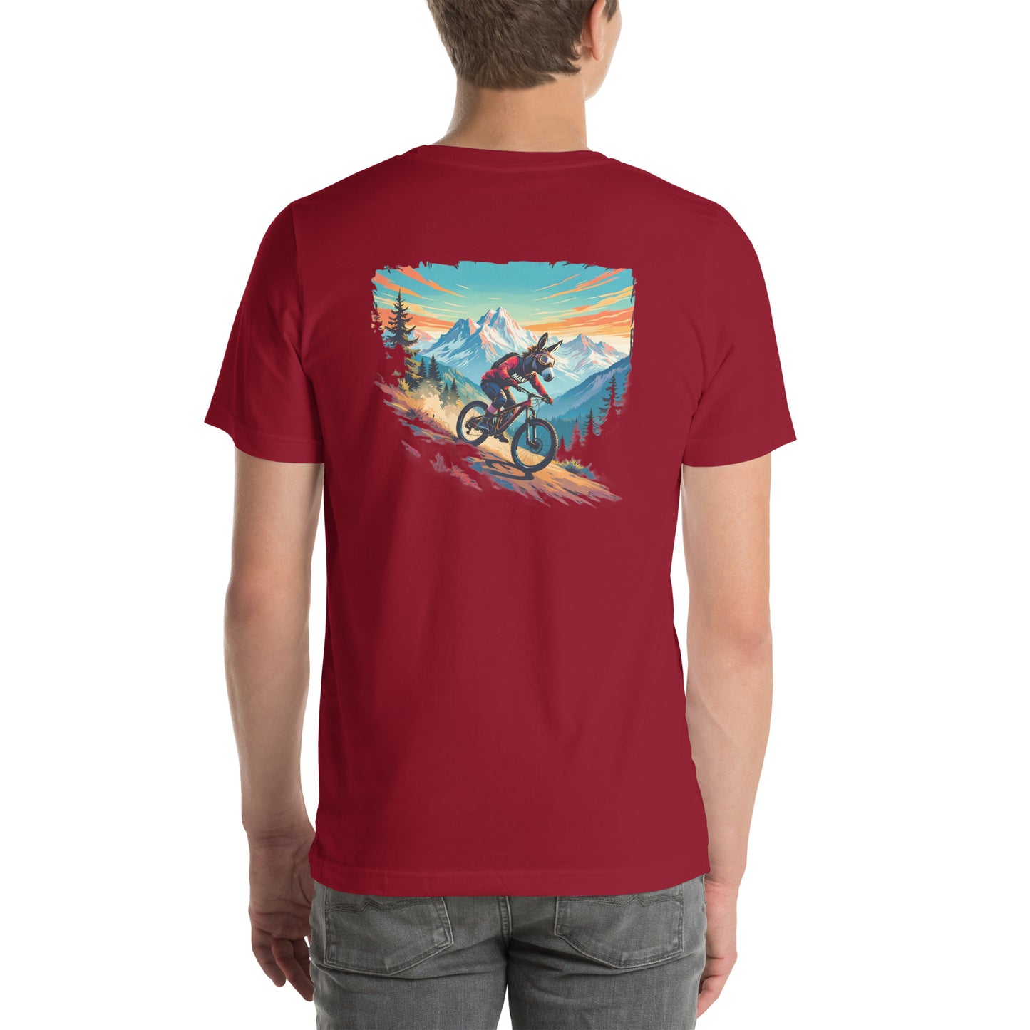 Red t-shirt with a mountain bike graphic on the back, worn by a person.