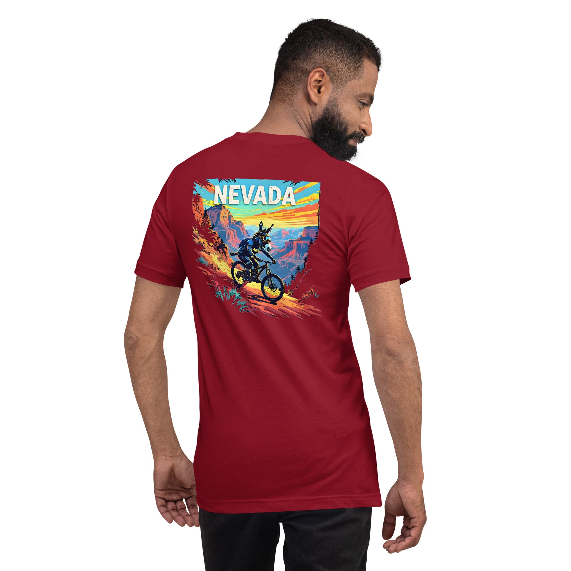 Man wearing a red t-shirt with a colorful 'NEVADA' graphic on the back.