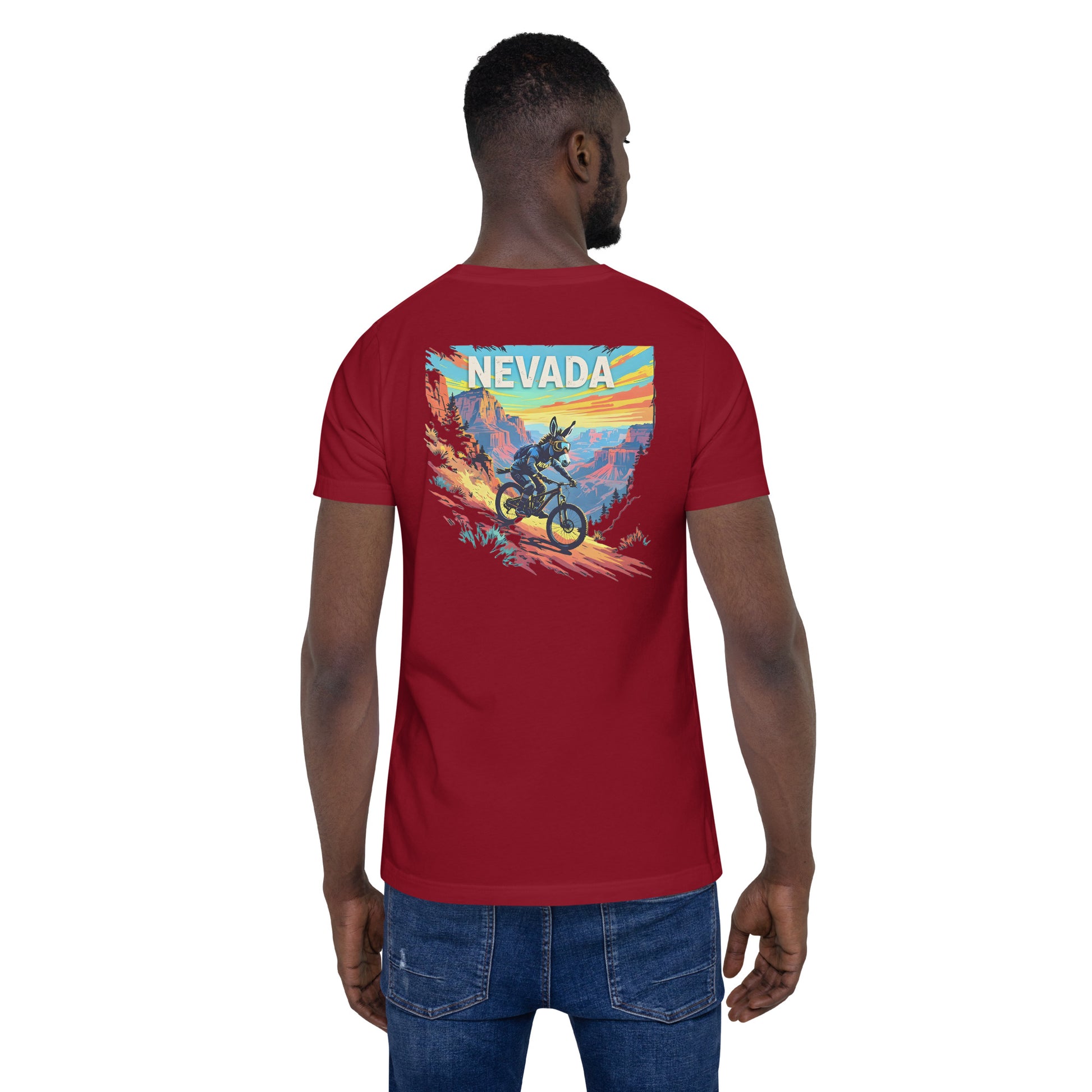 Red t-shirt with a colorful 'Nevada' graphic on the back, worn by a person.