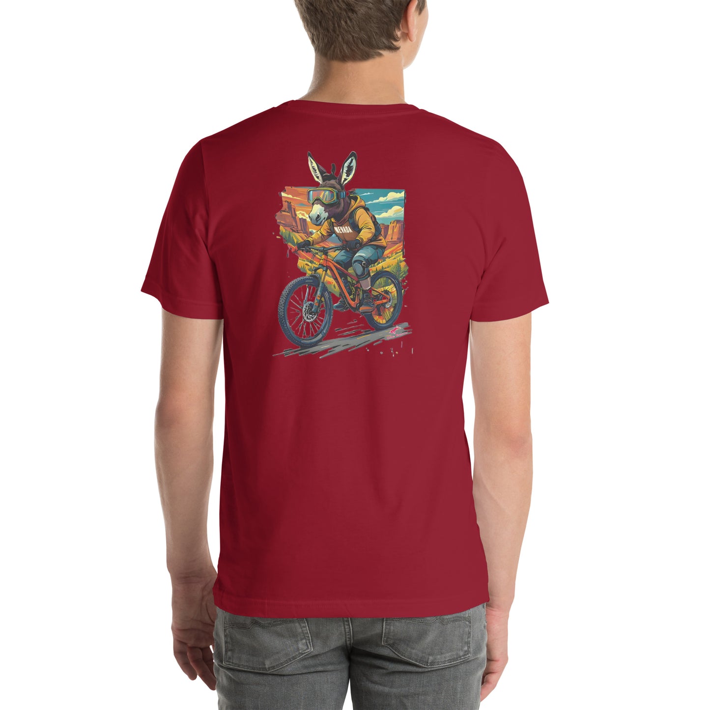 Red t-shirt with a graphic of a donkey riding a , burro on a mountain bike on the back. worn by a person.