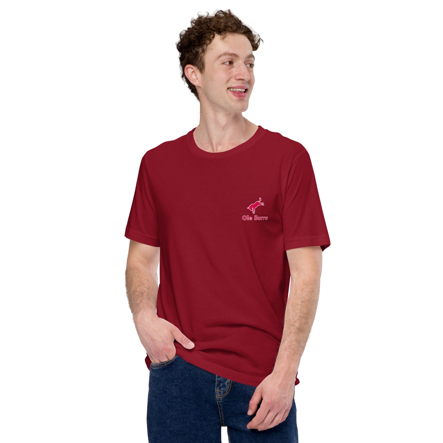 Man wearing a red t-shirt with a logo on a white background