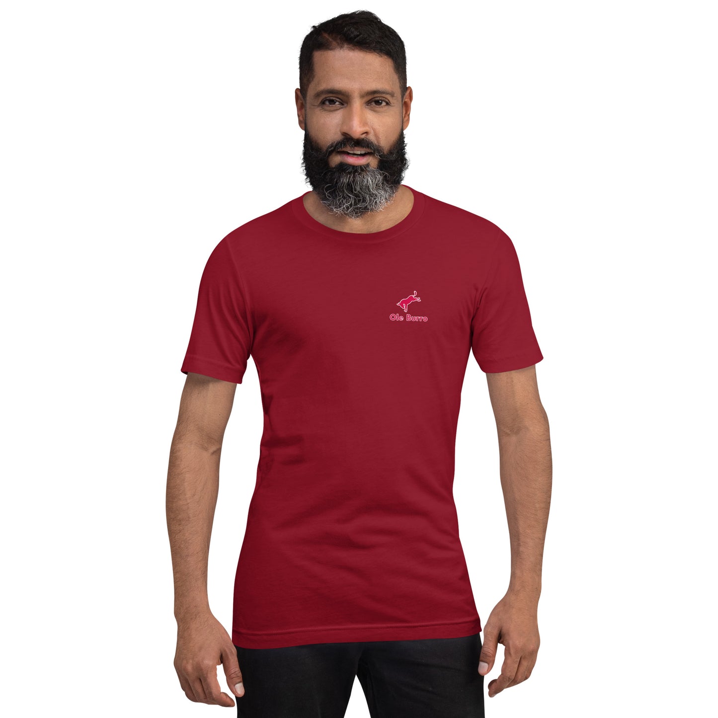 Man wearing a red t-shirt with a logo on a white background