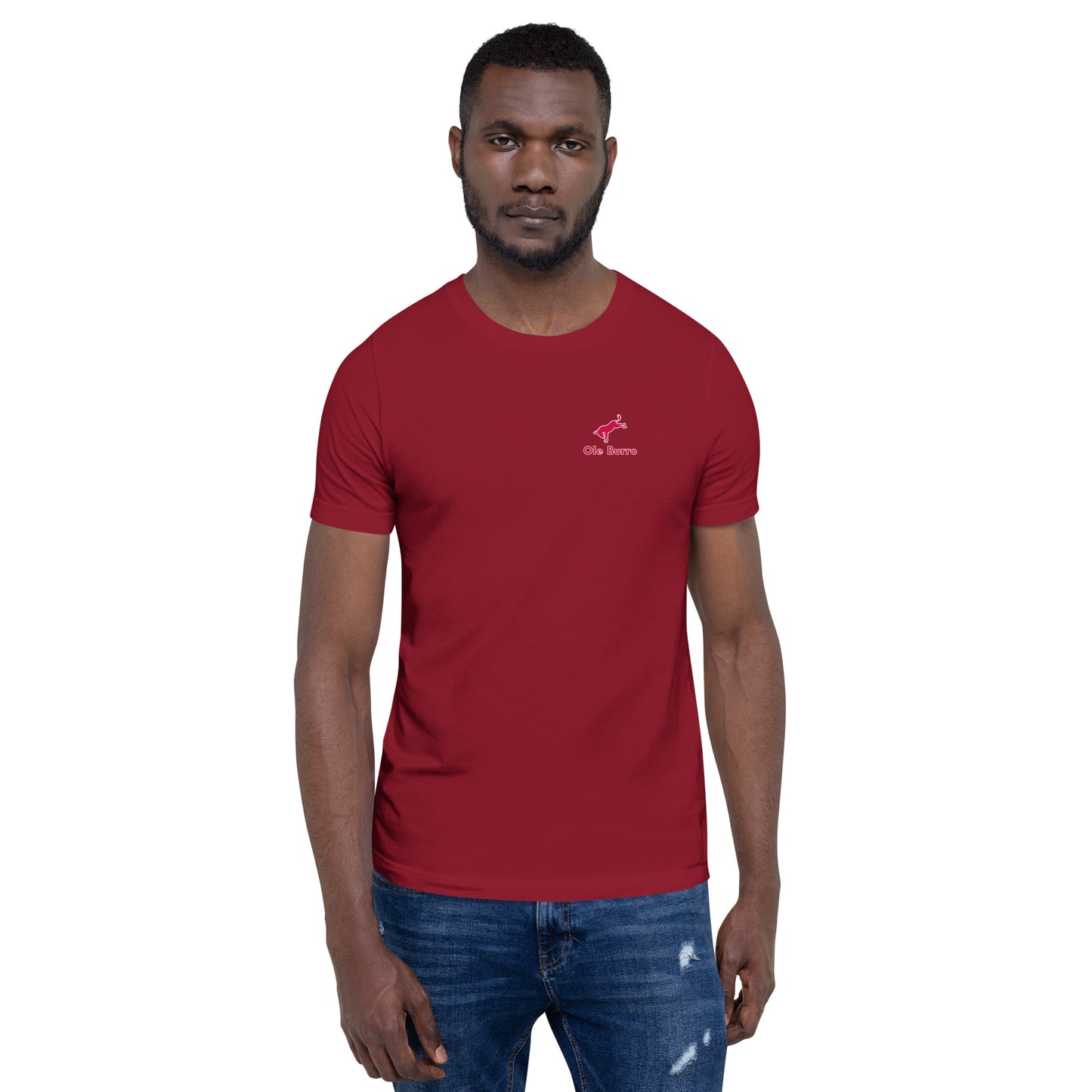 Man wearing a red t-shirt with a logo on a white background