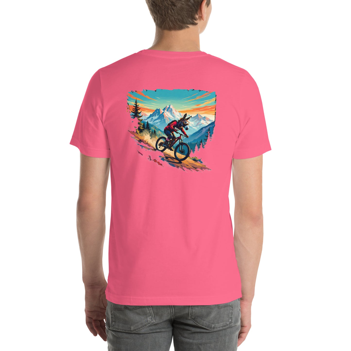 Person wearing a pink t-shirt with a mountain bike graphic on the back