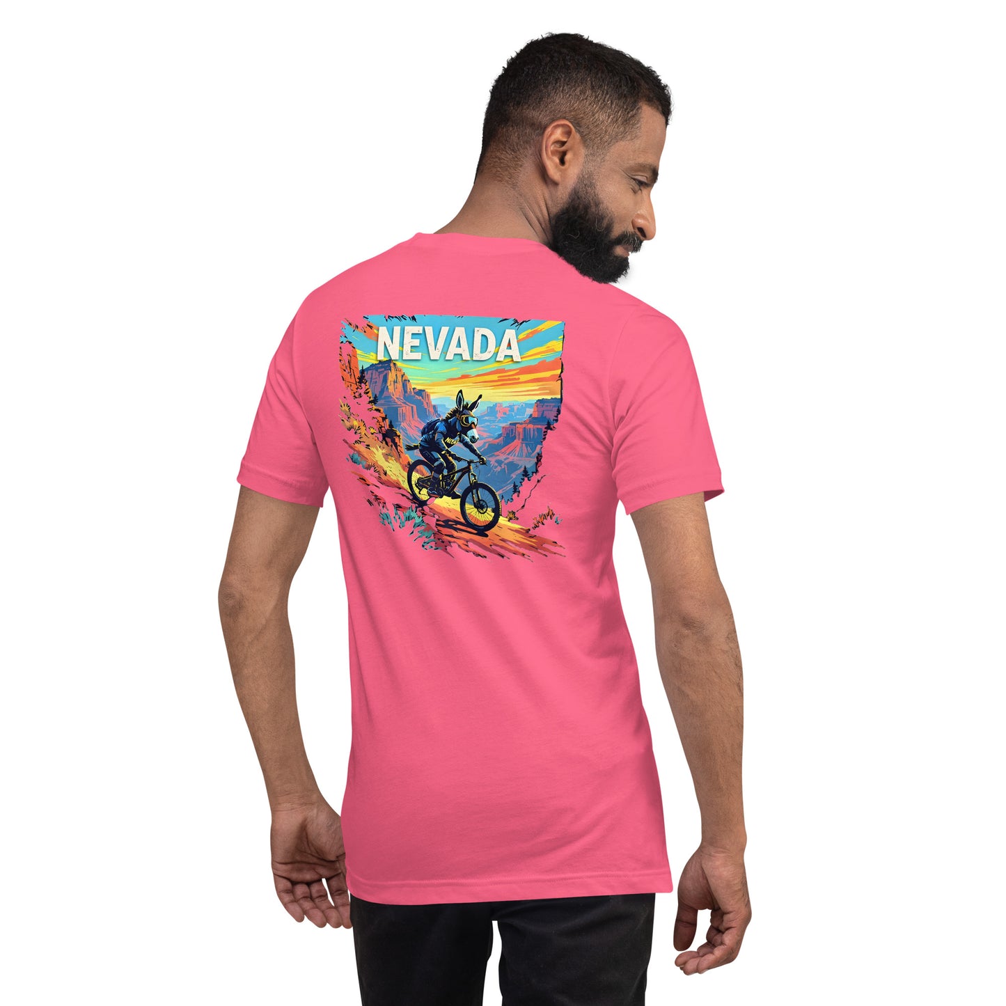 Man wearing a pink t-shirt with a colorful Nevada graphic on the back.