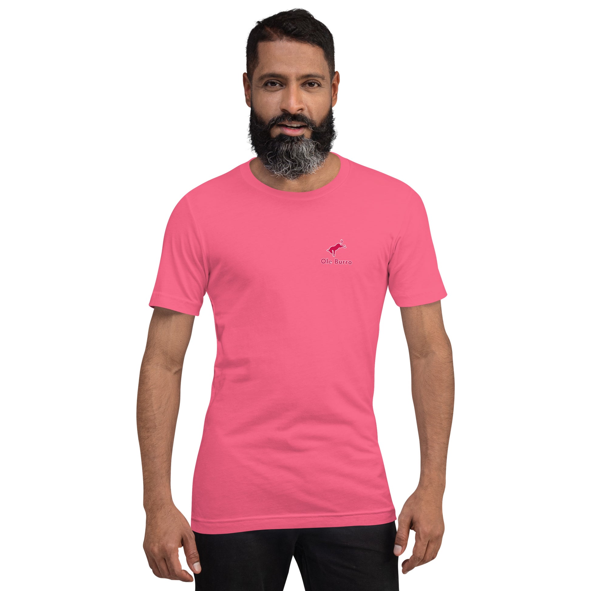 Man wearing a pink t-shirt with a logo on a white background