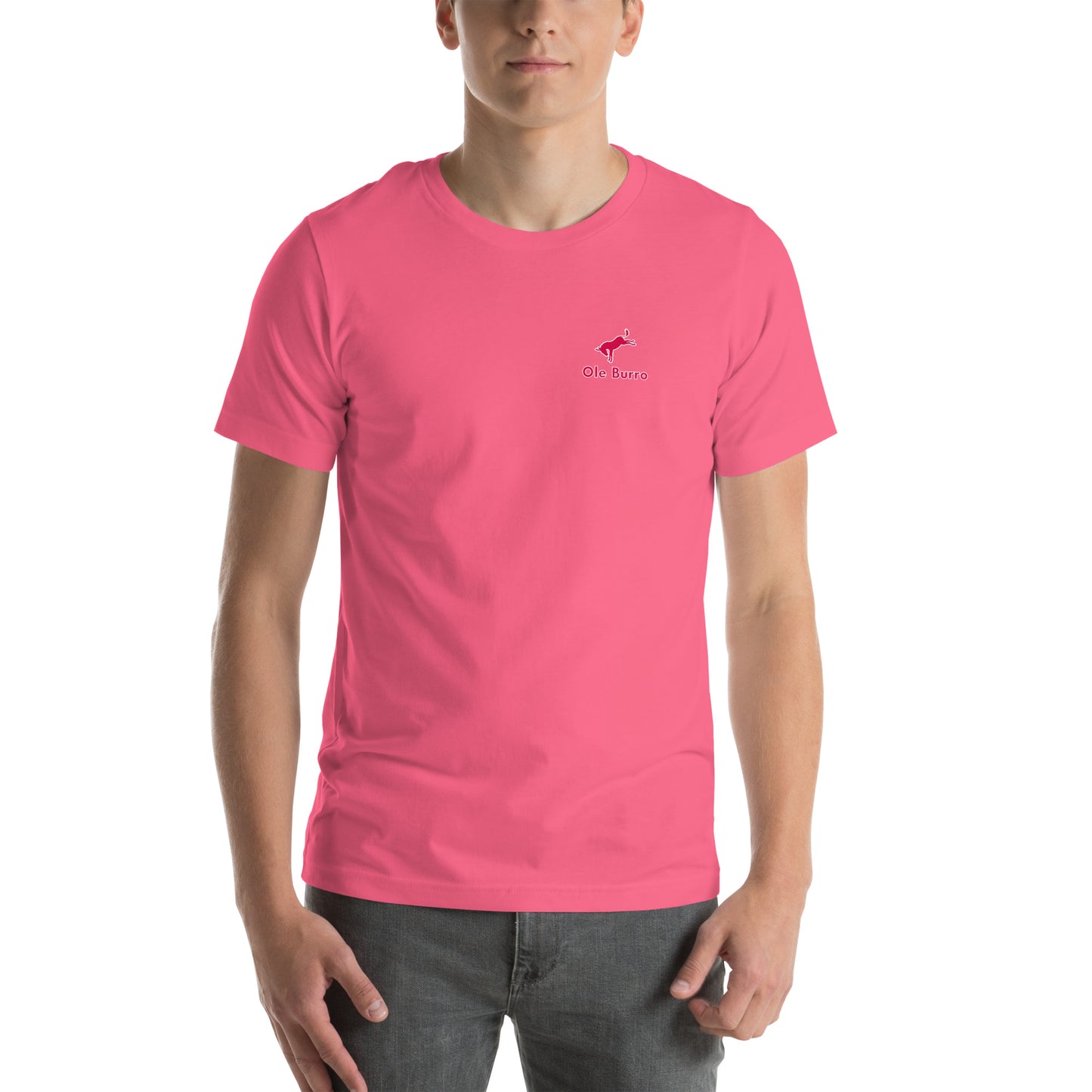 Person wearing a pink t-shirt with a logo on a white background