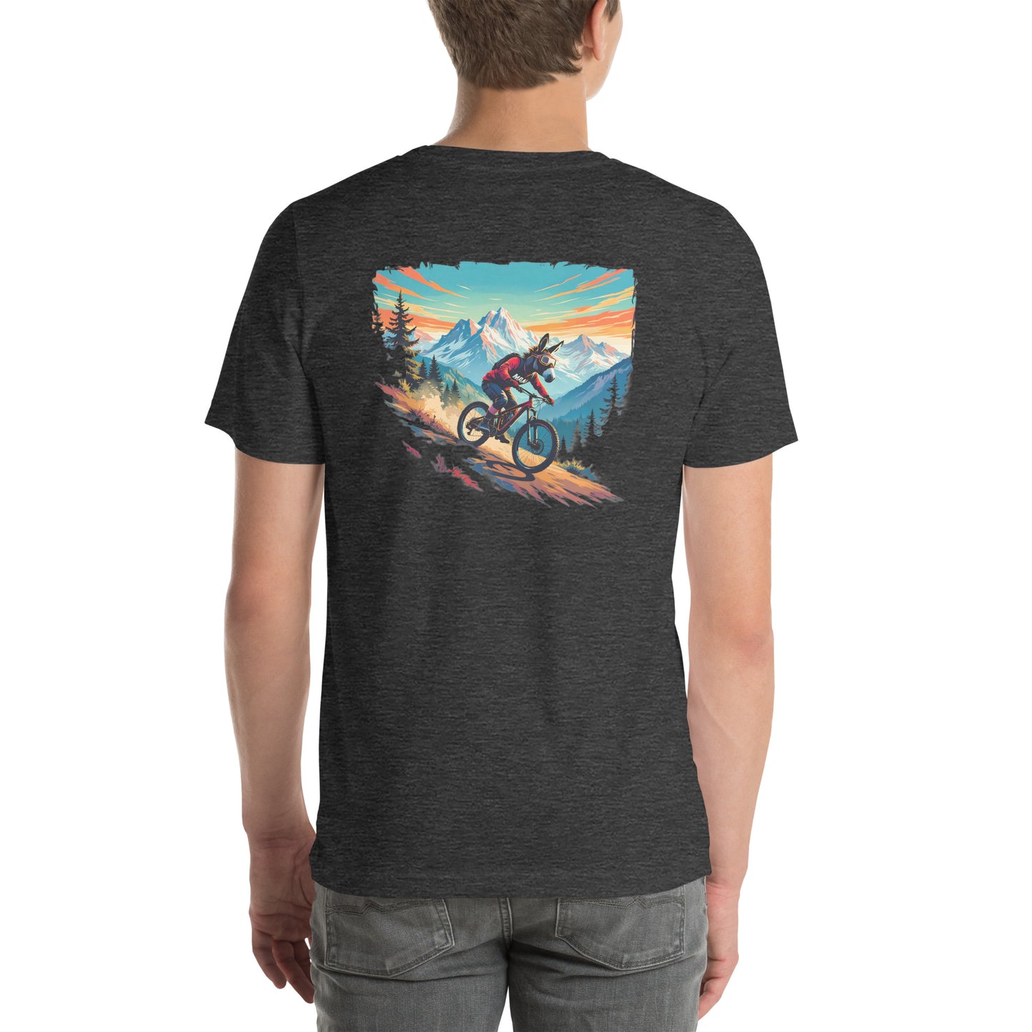 Person wearing a dark gray t-shirt with a mountain bike graphic on the back