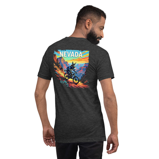 Man wearing a dark gray t-shirt with a colorful 'Nevada' graphic on the back.