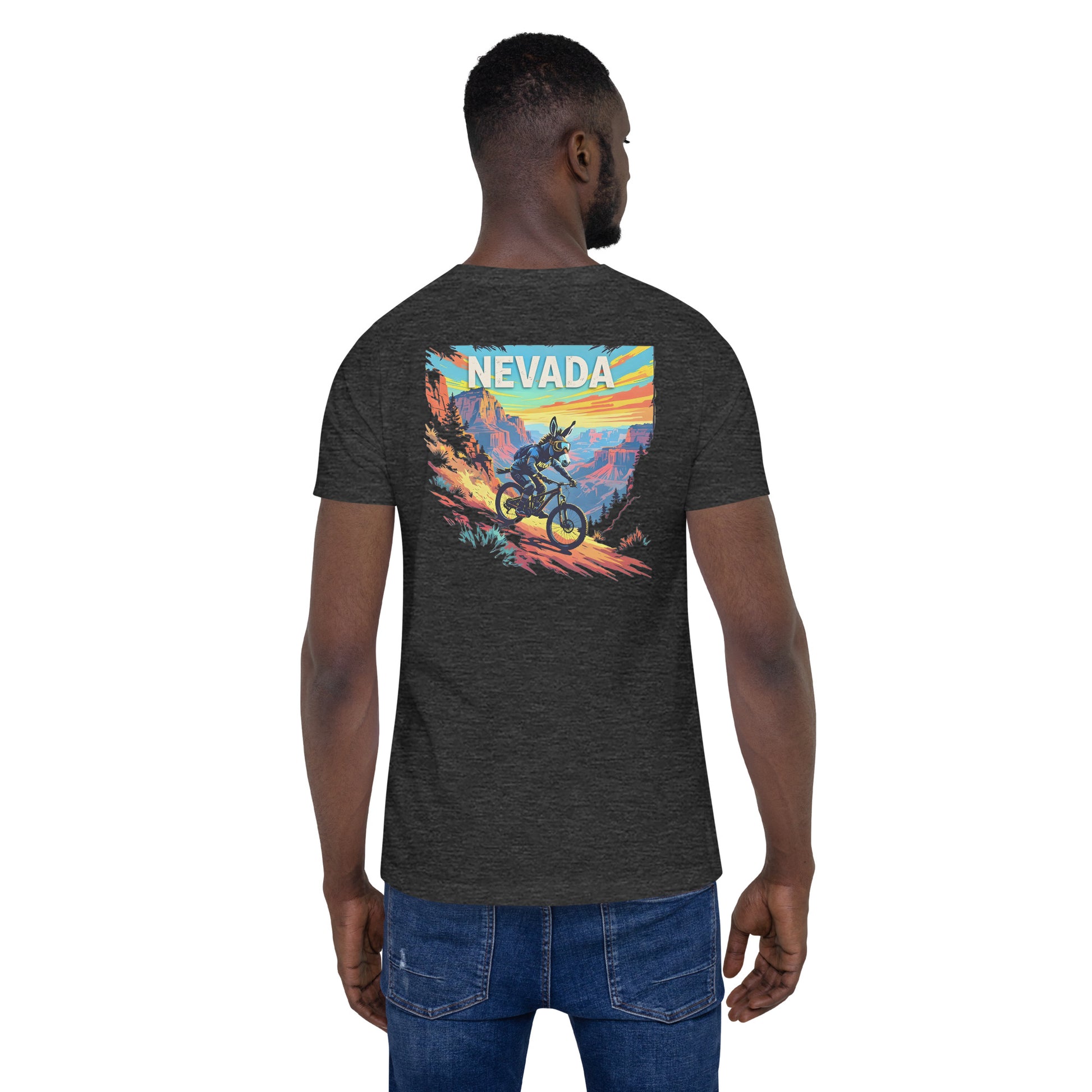 Person wearing a black t-shirt with a colorful 'Nevada' graphic on the back.