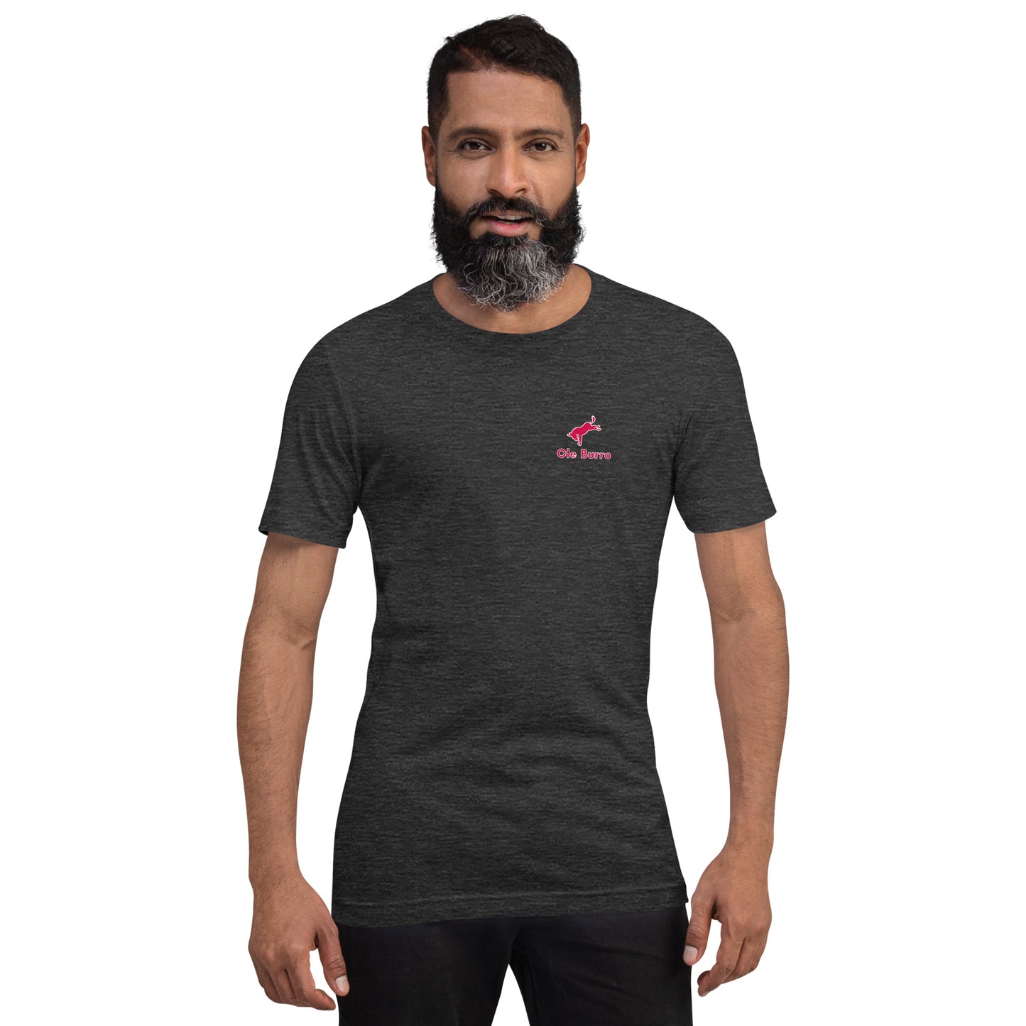 Man wearing a dark gray t-shirt with a red logo on a white background