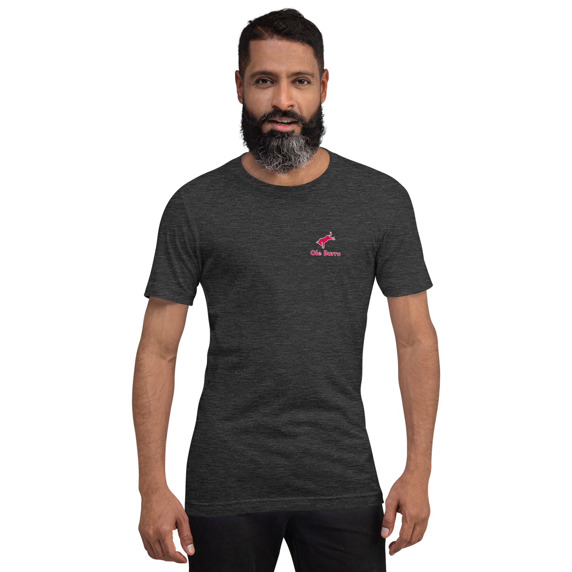 Man wearing a dark gray t-shirt with a red logo on a white background