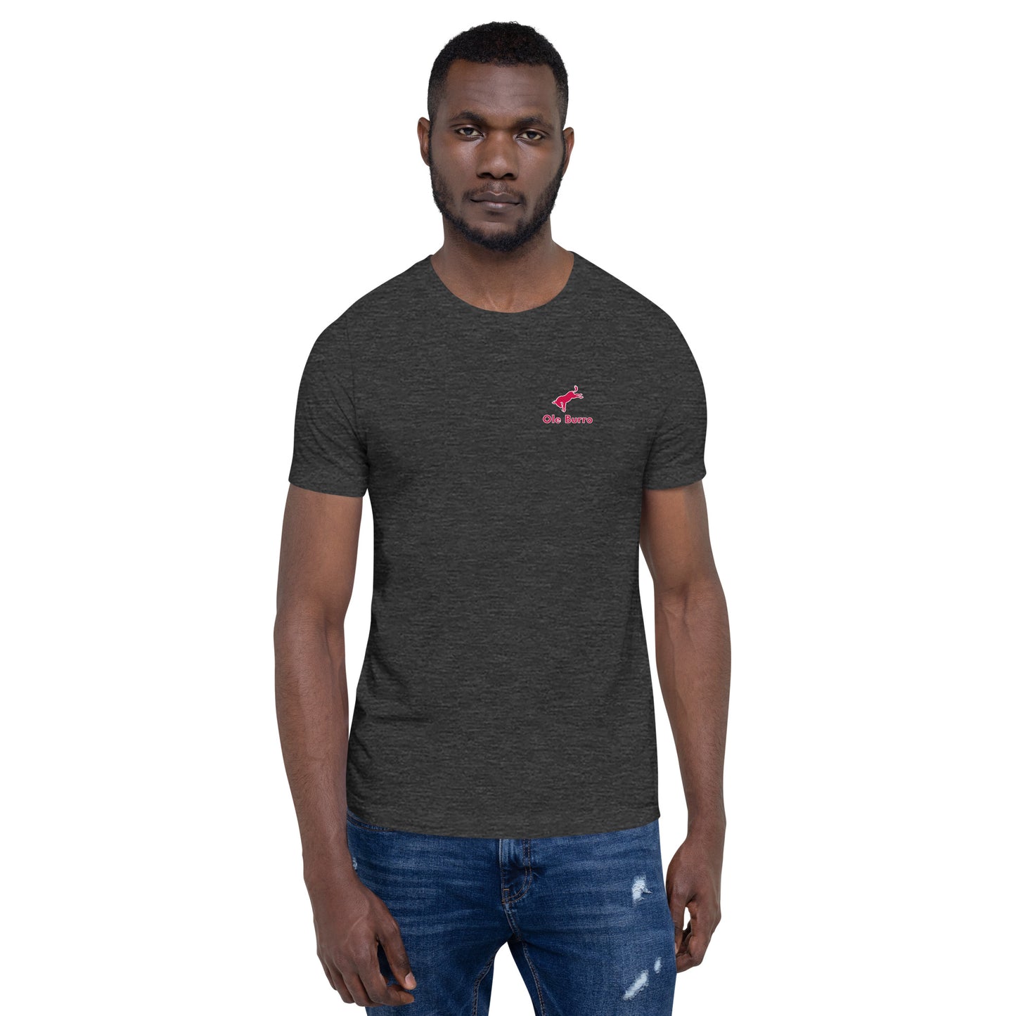 Man wearing a dark gray t-shirt with a red logo on a white background