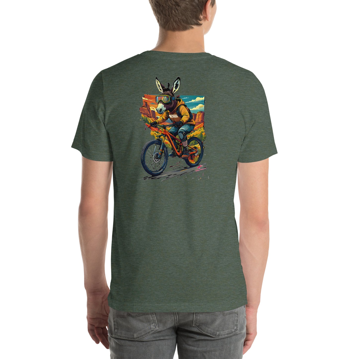 Person wearing a green t-shirt with a colorful graphic of a burro on a mountain bike.