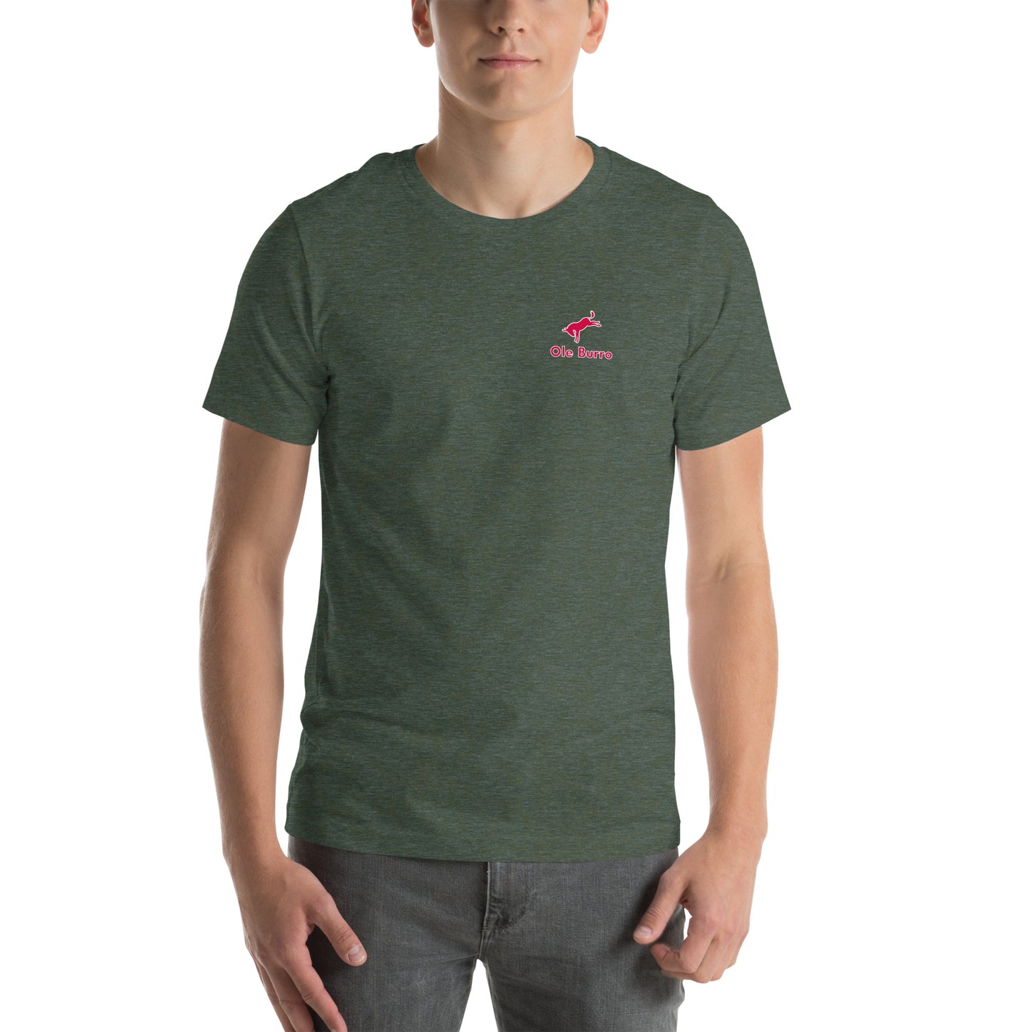 Person wearing a green t-shirt with a small logo on a white background