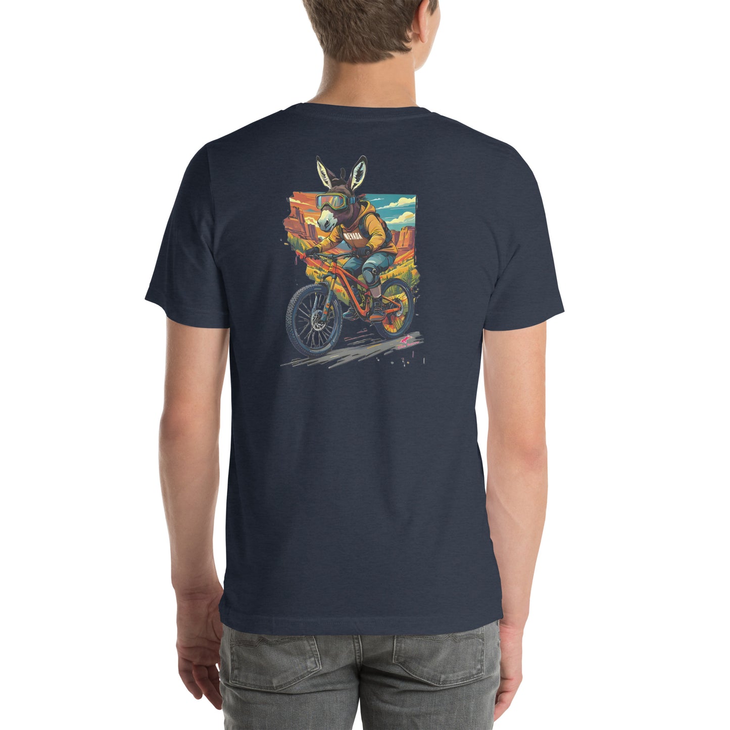 Person wearing a navy blue t-shirt with a colorful graphic on the back, standing against a white background.