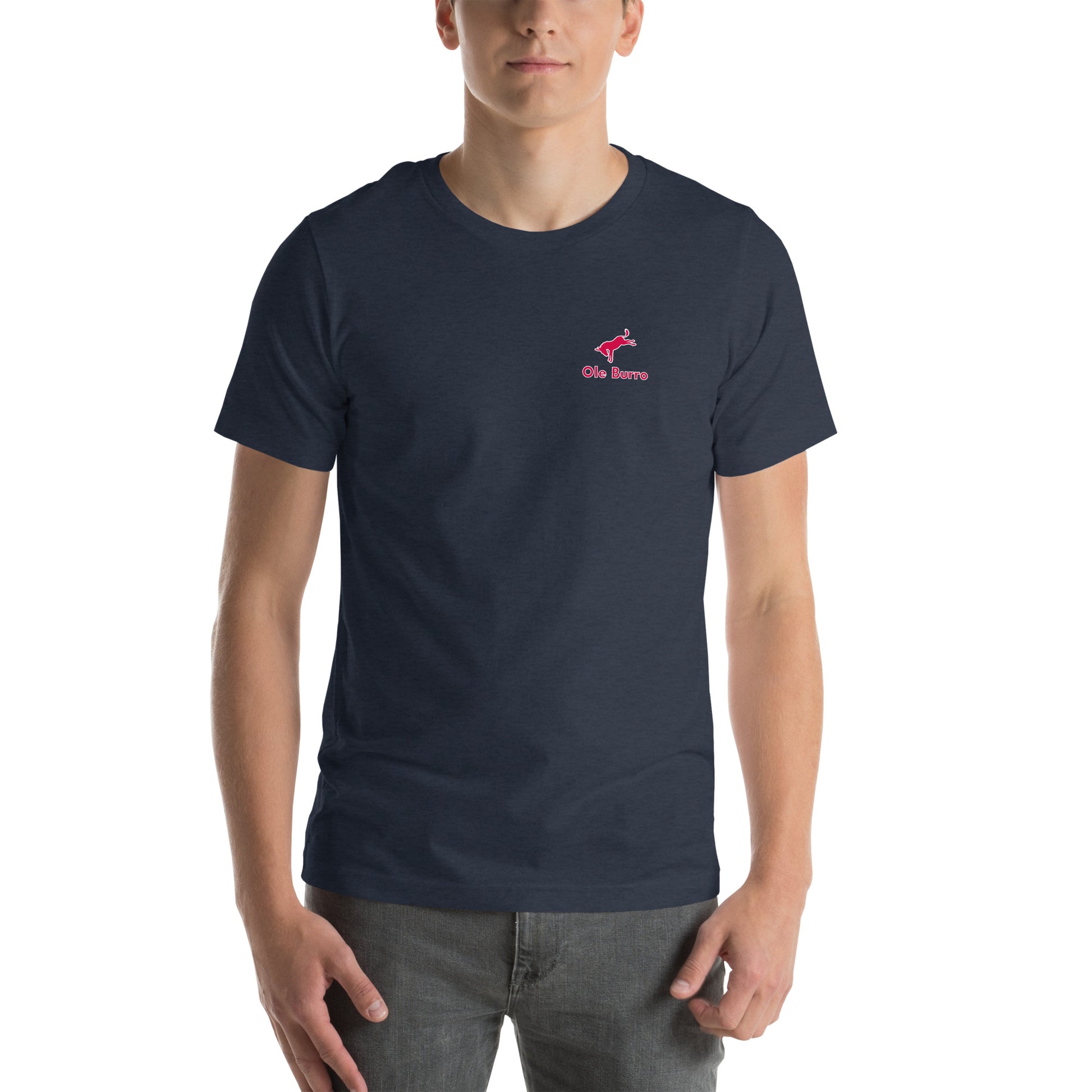 Person wearing a navy blue t-shirt with a red logo on a white background