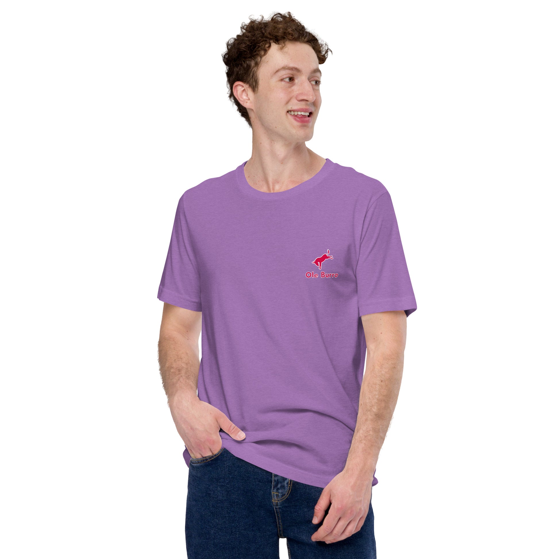 Man wearing a purple t-shirt with a logo on a white background