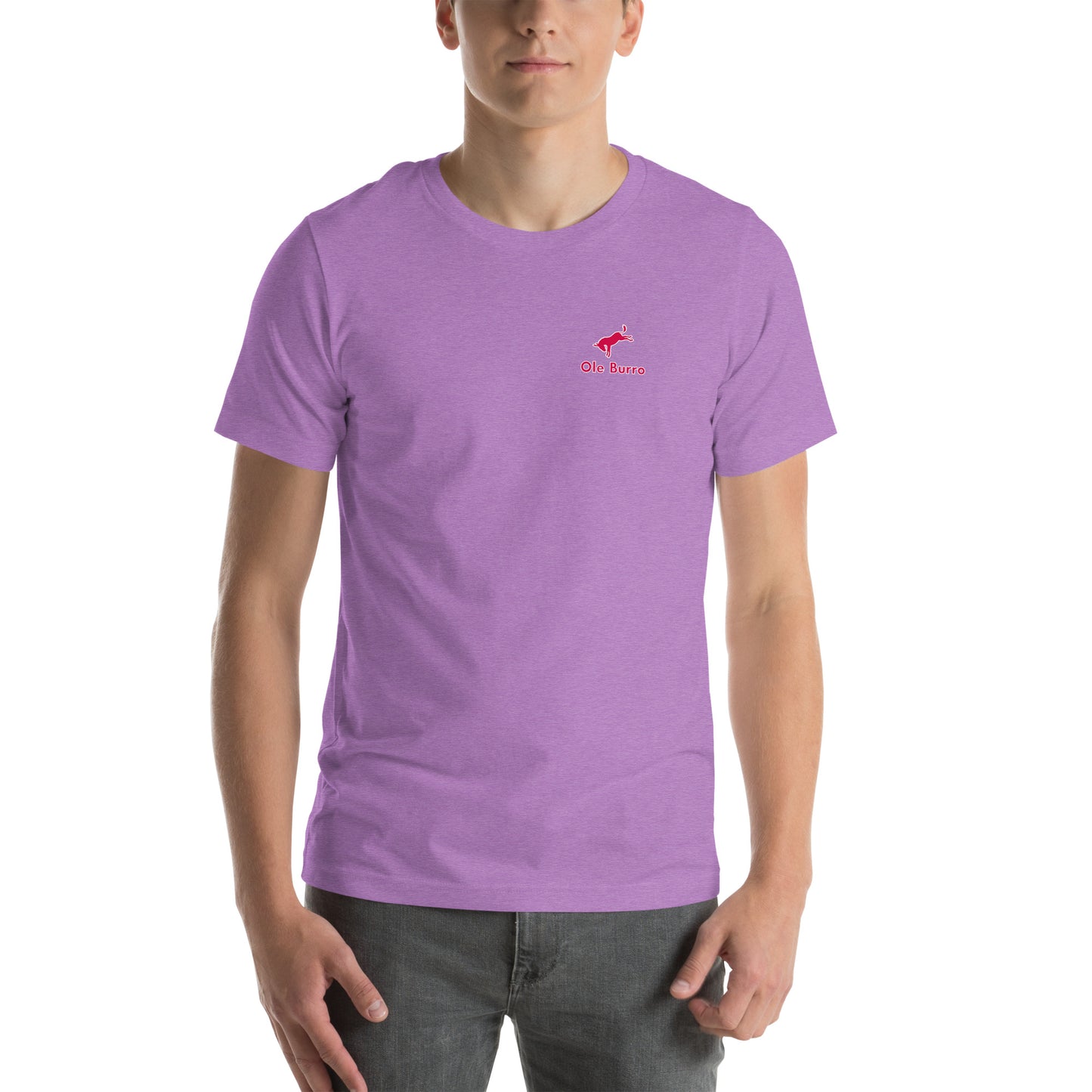 Person wearing a purple t-shirt with a small red logo on a white background