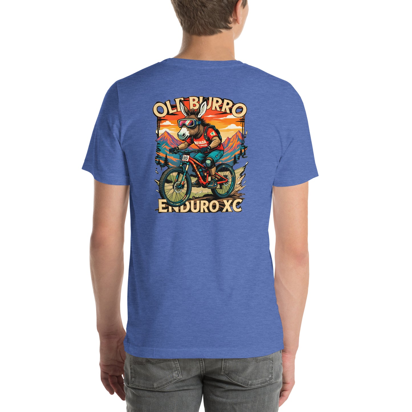 Person wearing a blue t-shirt with a graphic design on the back, featuring a mountain bike rider and text.