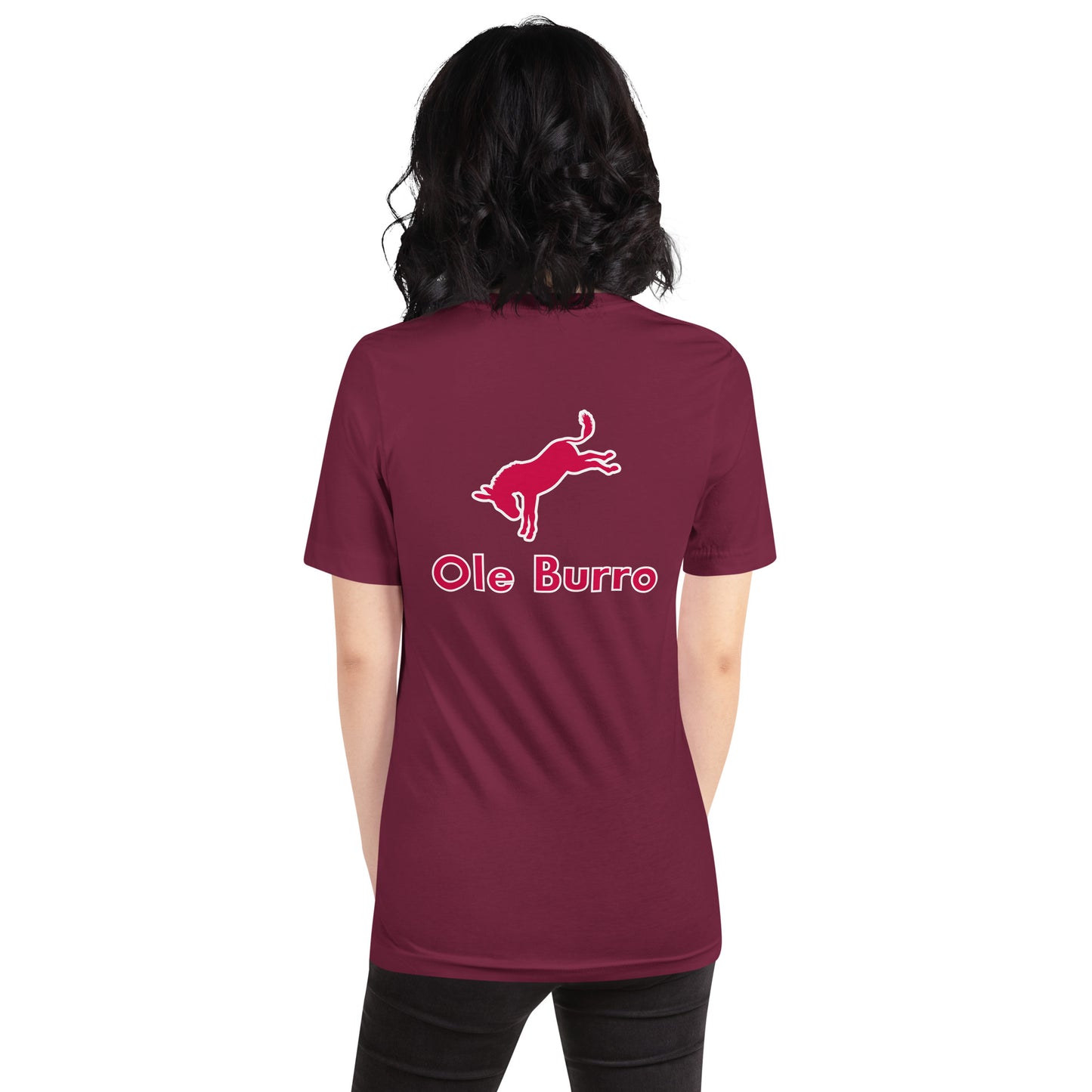 Person wearing a maroon t-shirt with 'Ole Burro' logo on the back