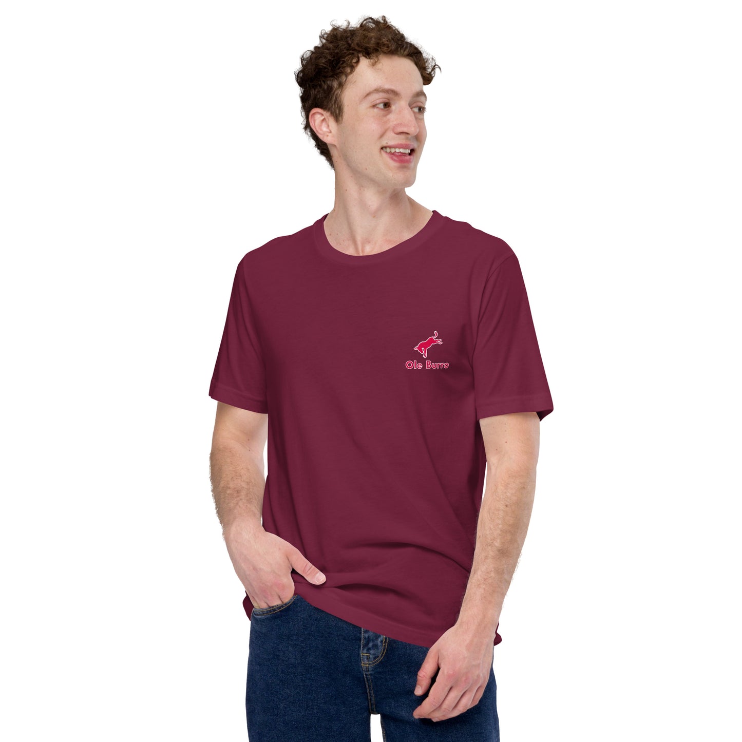 Man wearing a maroon t-shirt with a logo on a white background