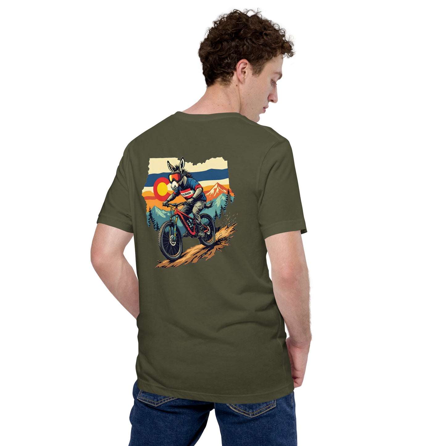 Person wearing a green t-shirt with a graphic of a motorcycle and mountains on the back.