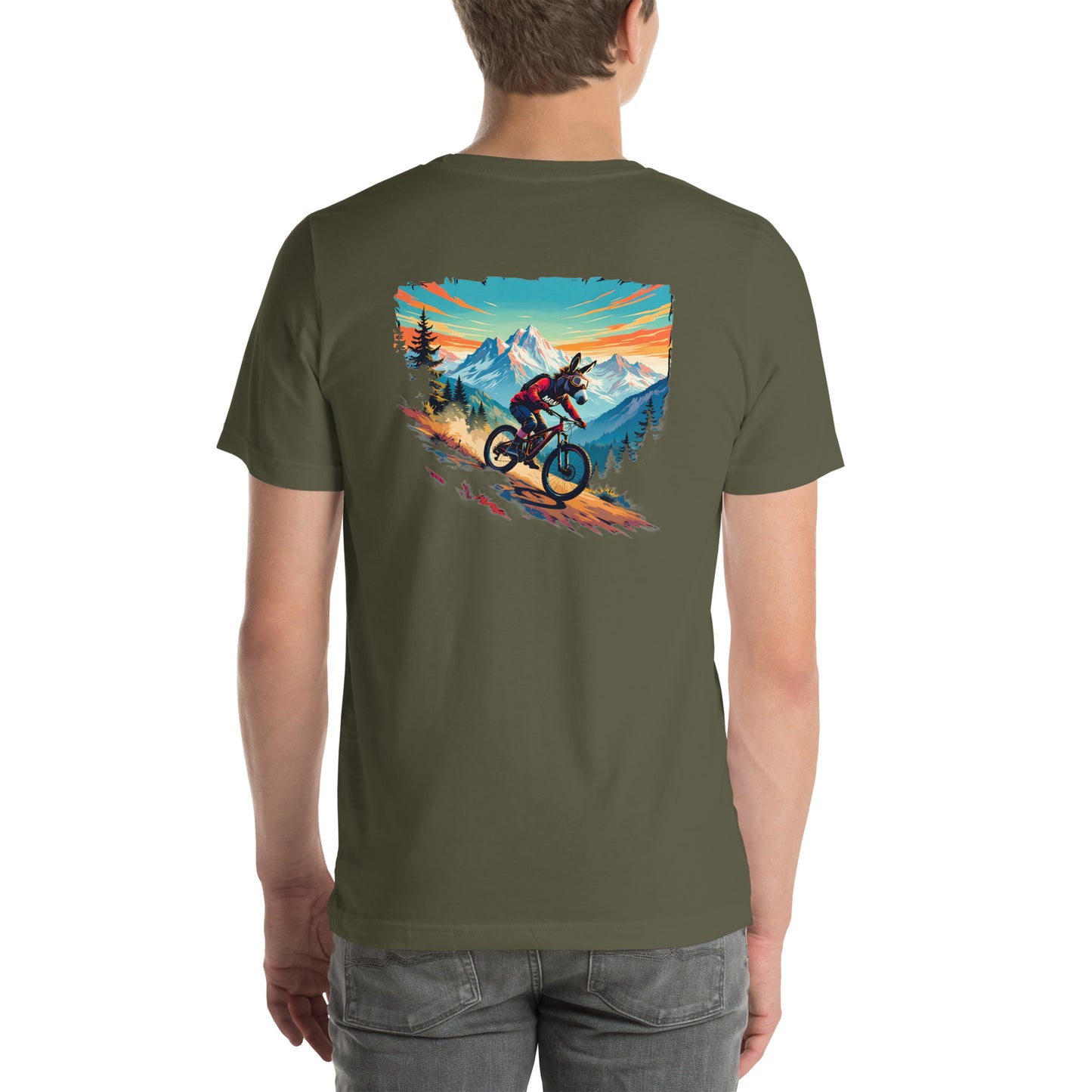 Person wearing a green t-shirt with a mountain bike graphic on the back