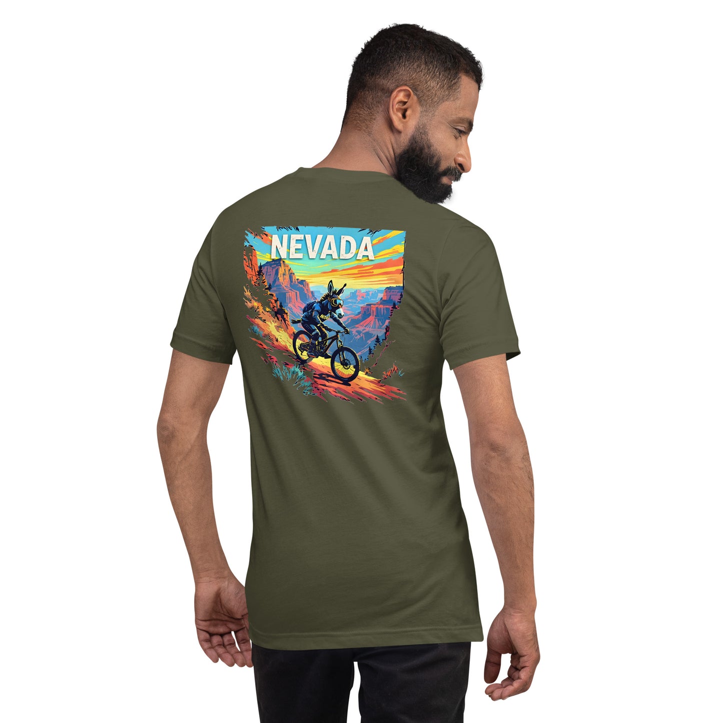 Man wearing a green t-shirt with a colorful 'Nevada' graphic on the back.