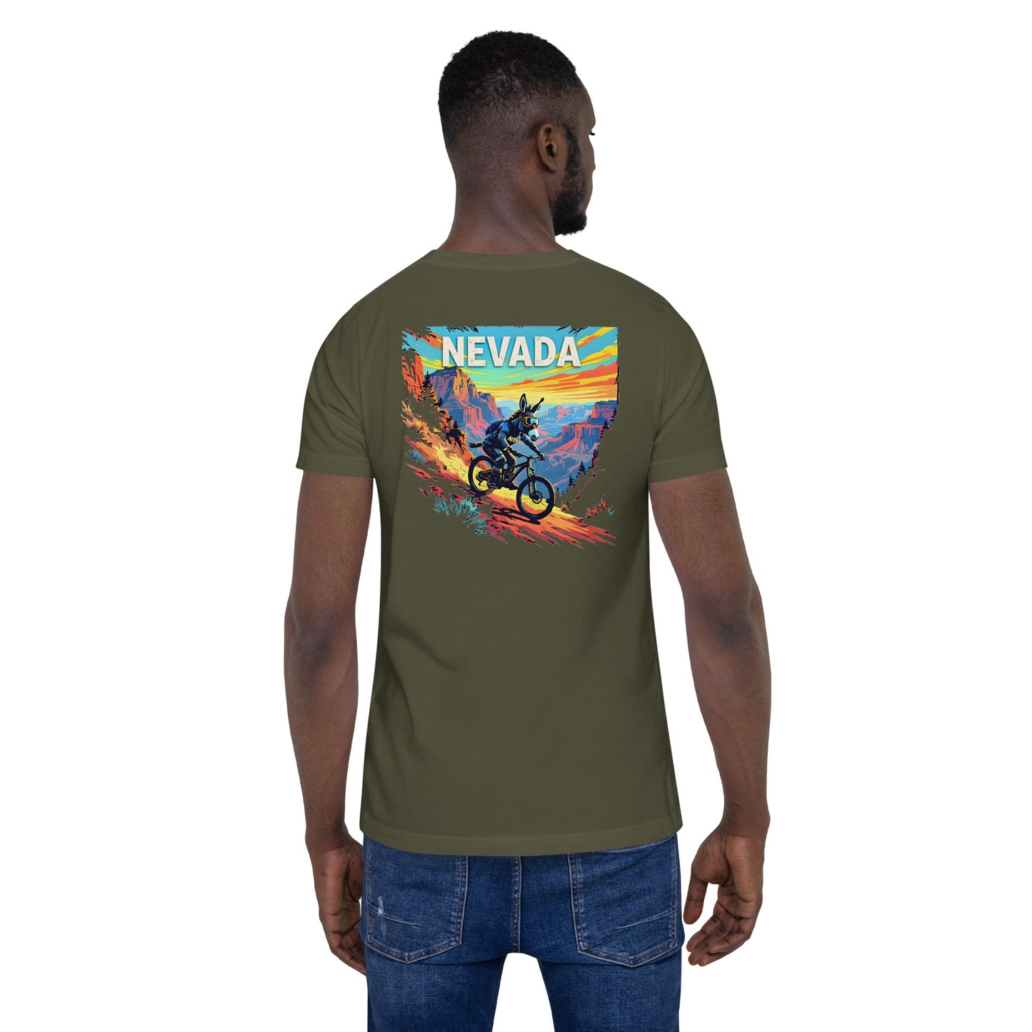 Person wearing a green t-shirt with a colorful 'Nevada' graphic on the back.