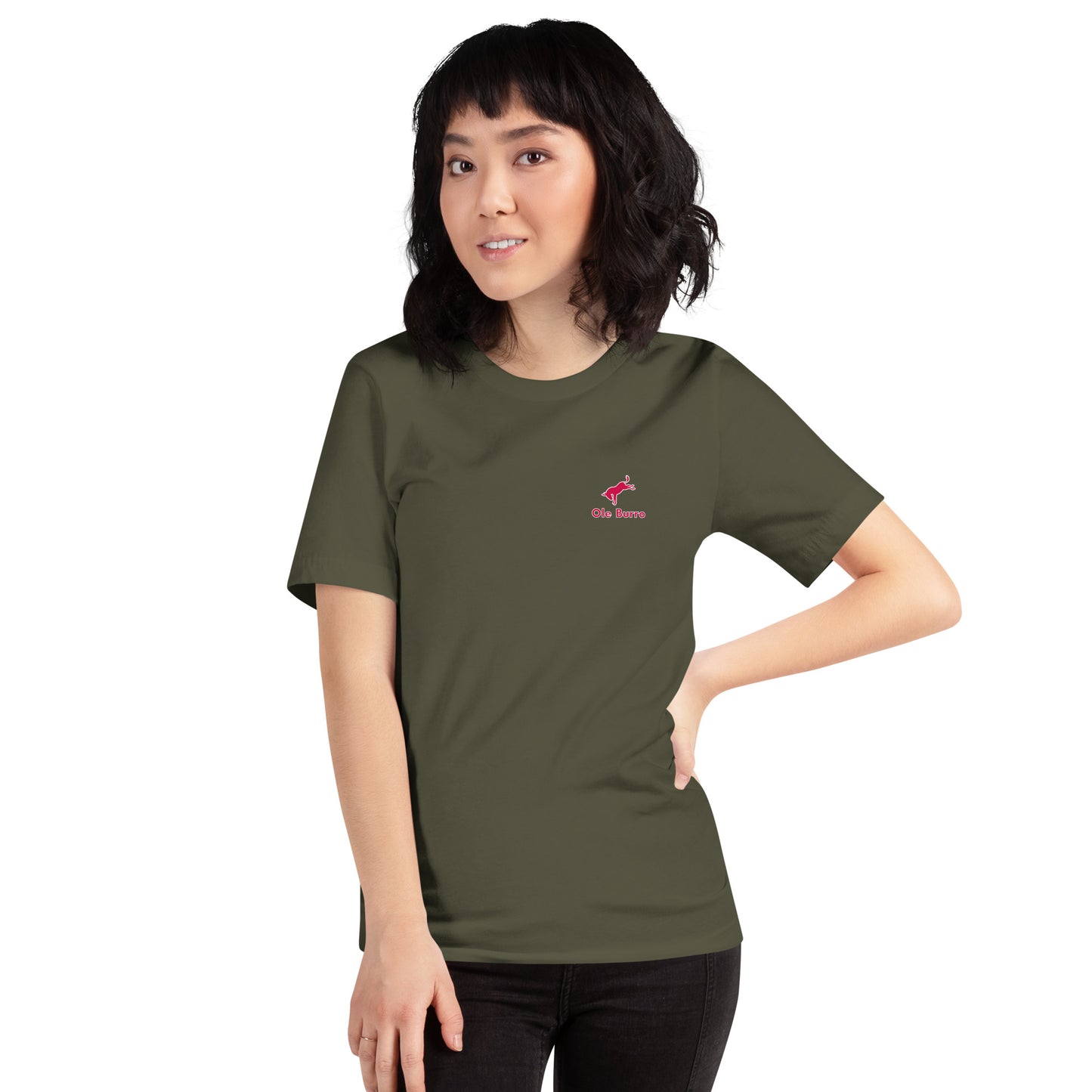 Person wearing an olive green t-shirt with a logo on a white background