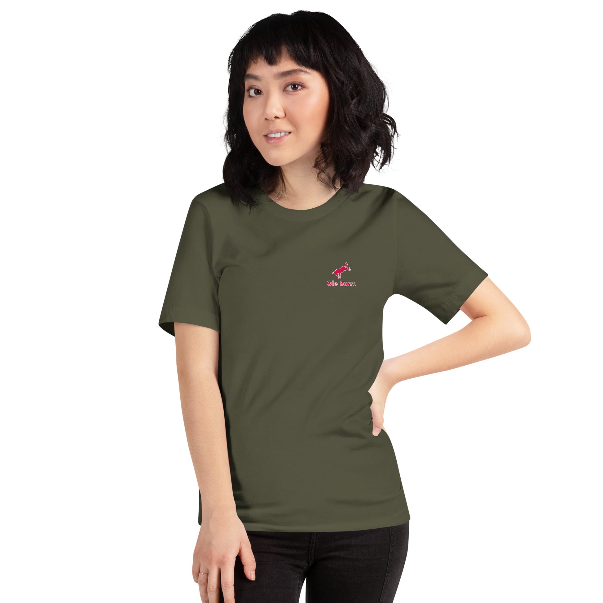 Person wearing an olive green t-shirt with a logo on a white background