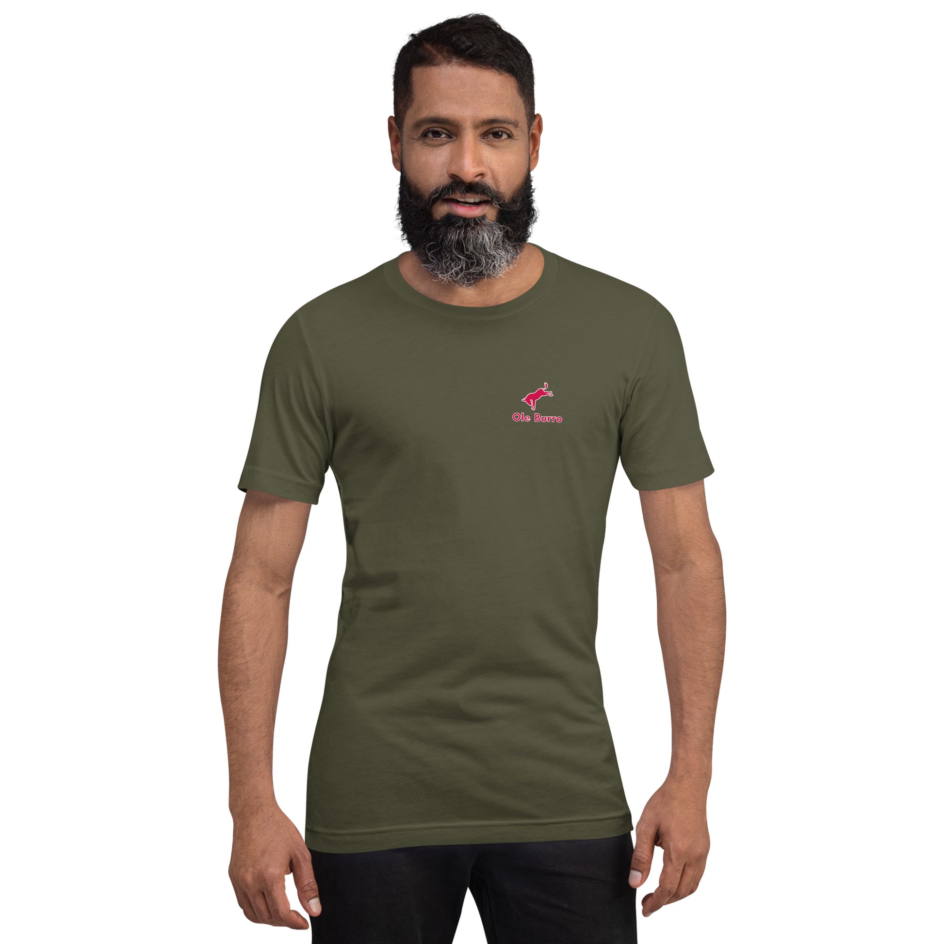 Man wearing an olive green t-shirt with a red logo on a white background