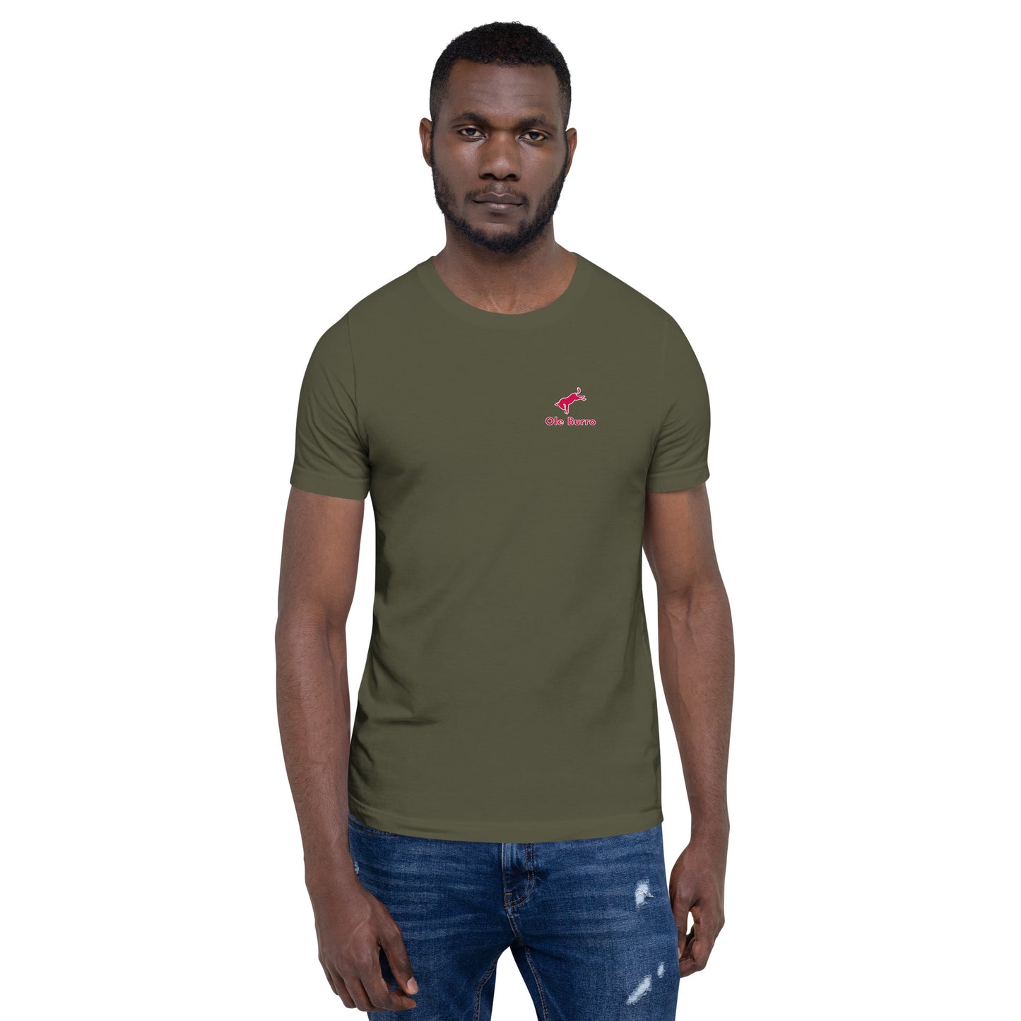 Man wearing an olive green t-shirt with a red logo on a white background