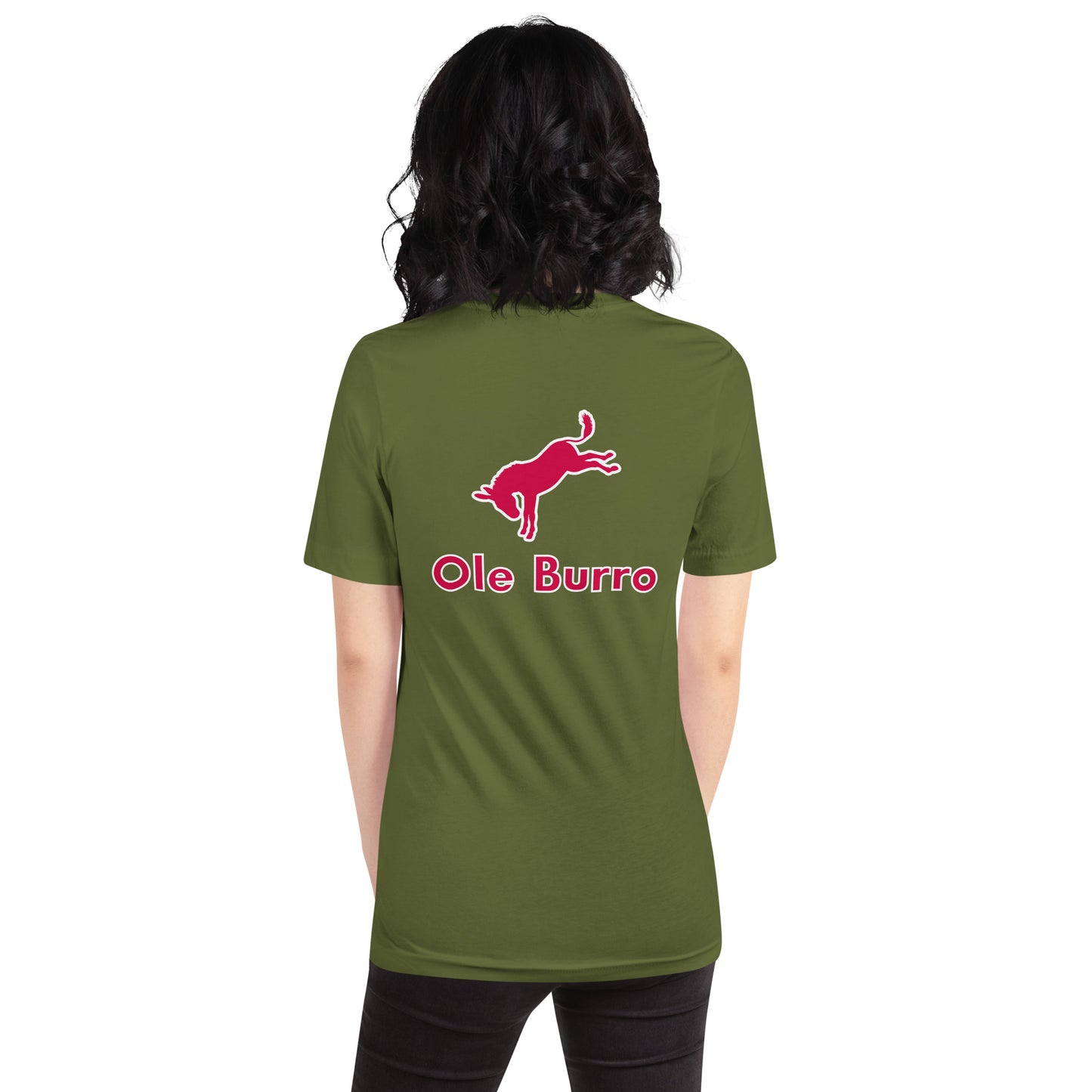Person wearing a green t-shirt with a red logo and text on the back