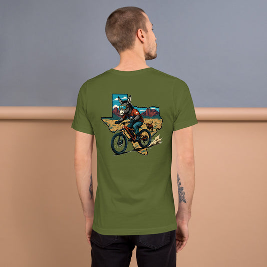 Person wearing a green t-shirt with a graphic design on the back, standing against a plain background.