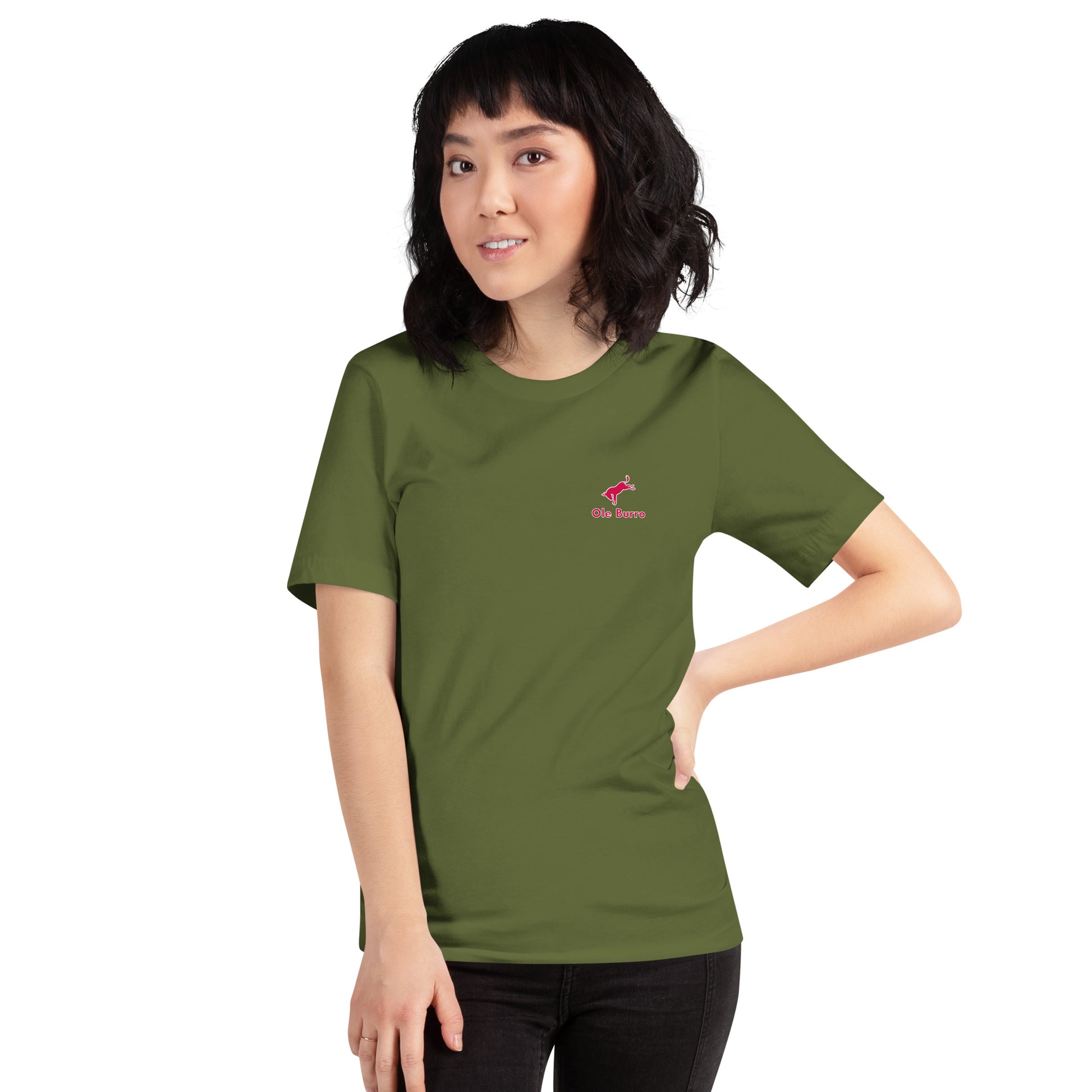 Person wearing a green t-shirt with a logo on a white background