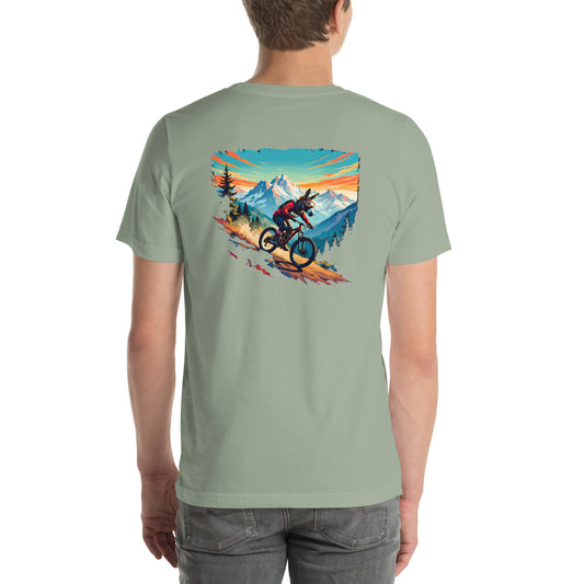 Person wearing a light green t-shirt with a mountain bike graphic on the back