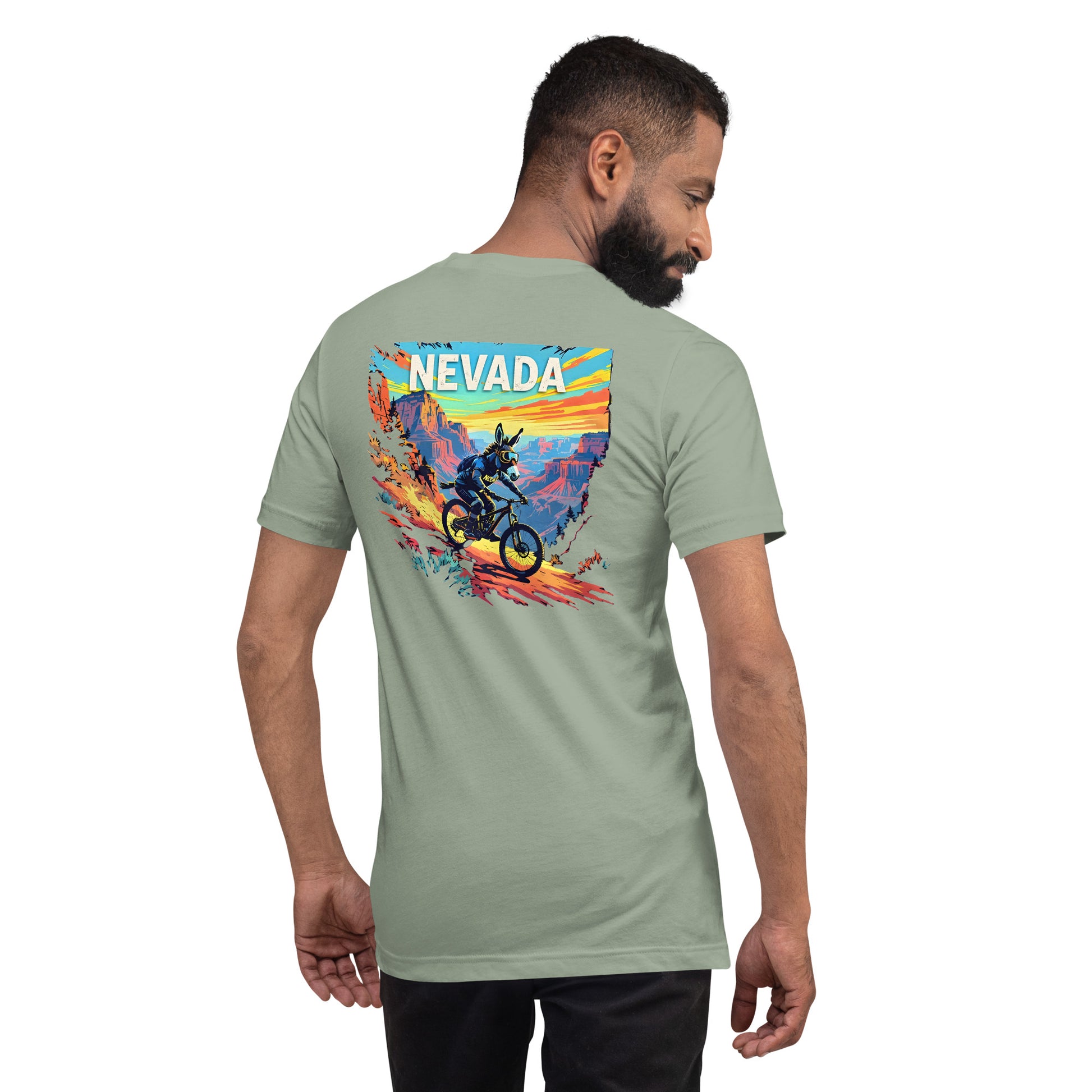 Man wearing a light green t-shirt with a colorful 'NEVADA' graphic on the back.