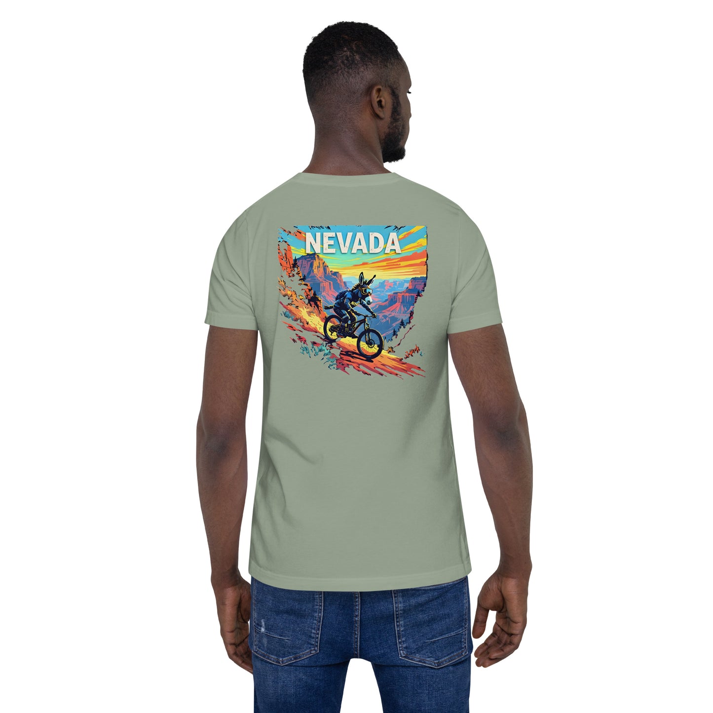 Person wearing a light green t-shirt with a colorful 'Nevada' graphic on the back.