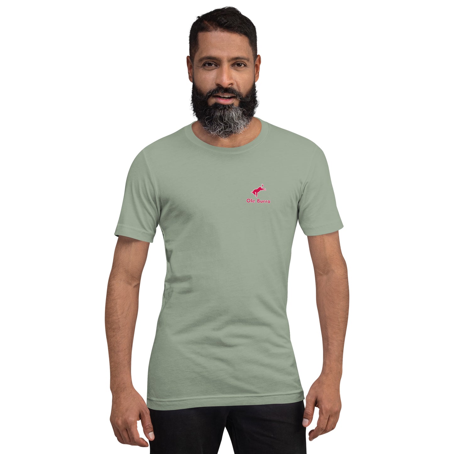 Man wearing a light green t-shirt with a small red logo on a white background