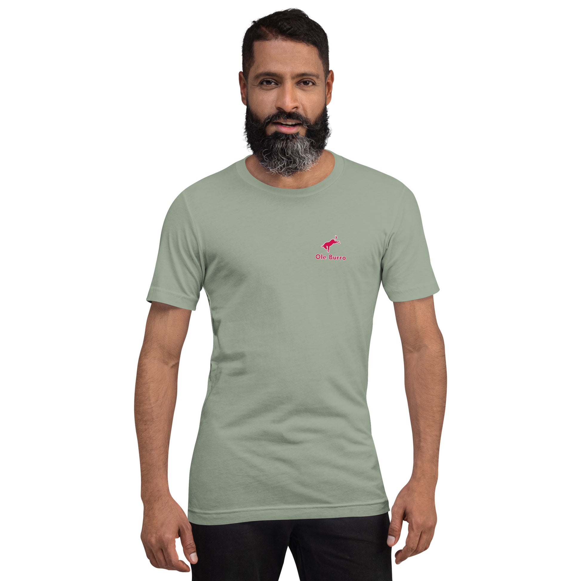 Man wearing a light green t-shirt with a small red logo on a white background