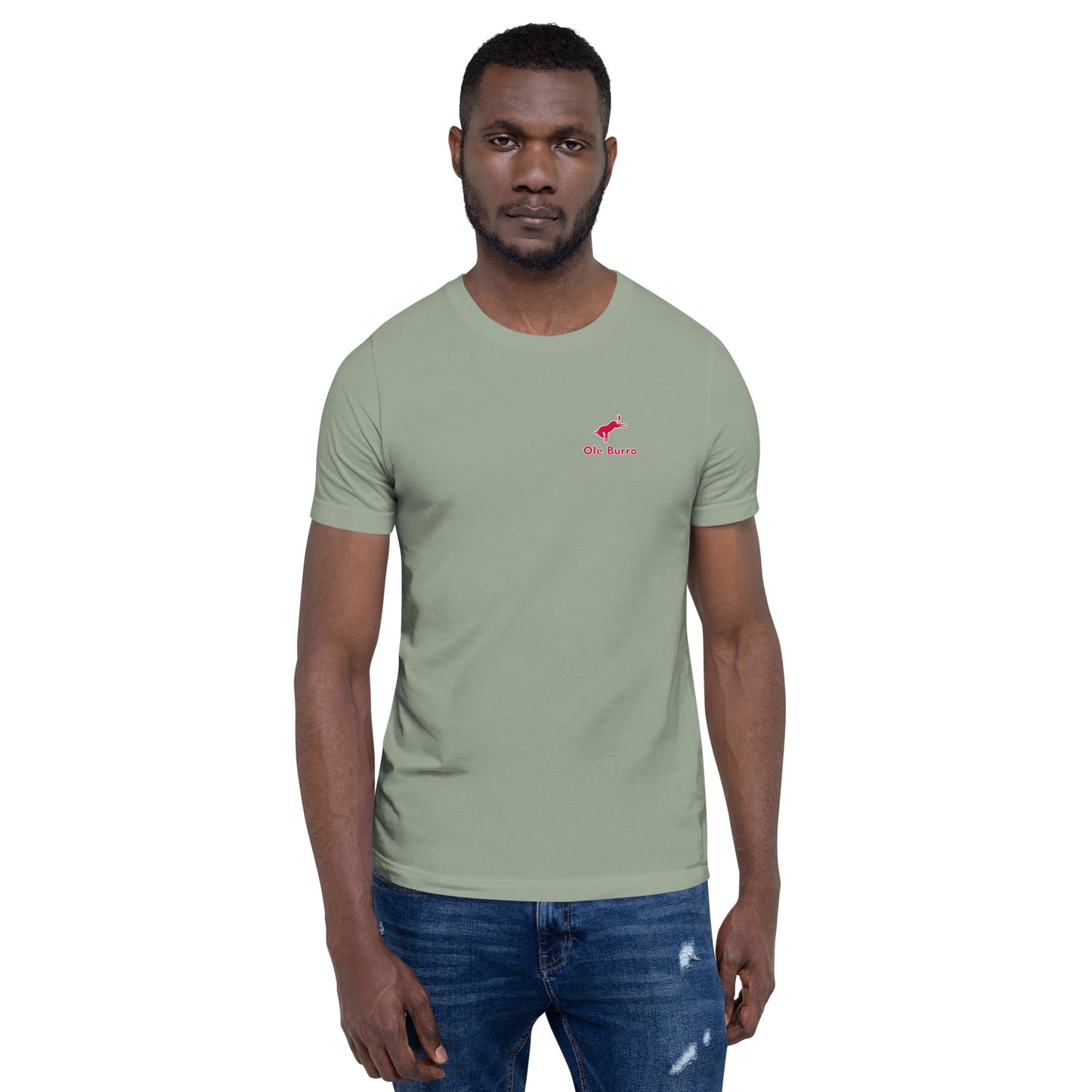 Man wearing a green t-shirt with a red logo on a white background
