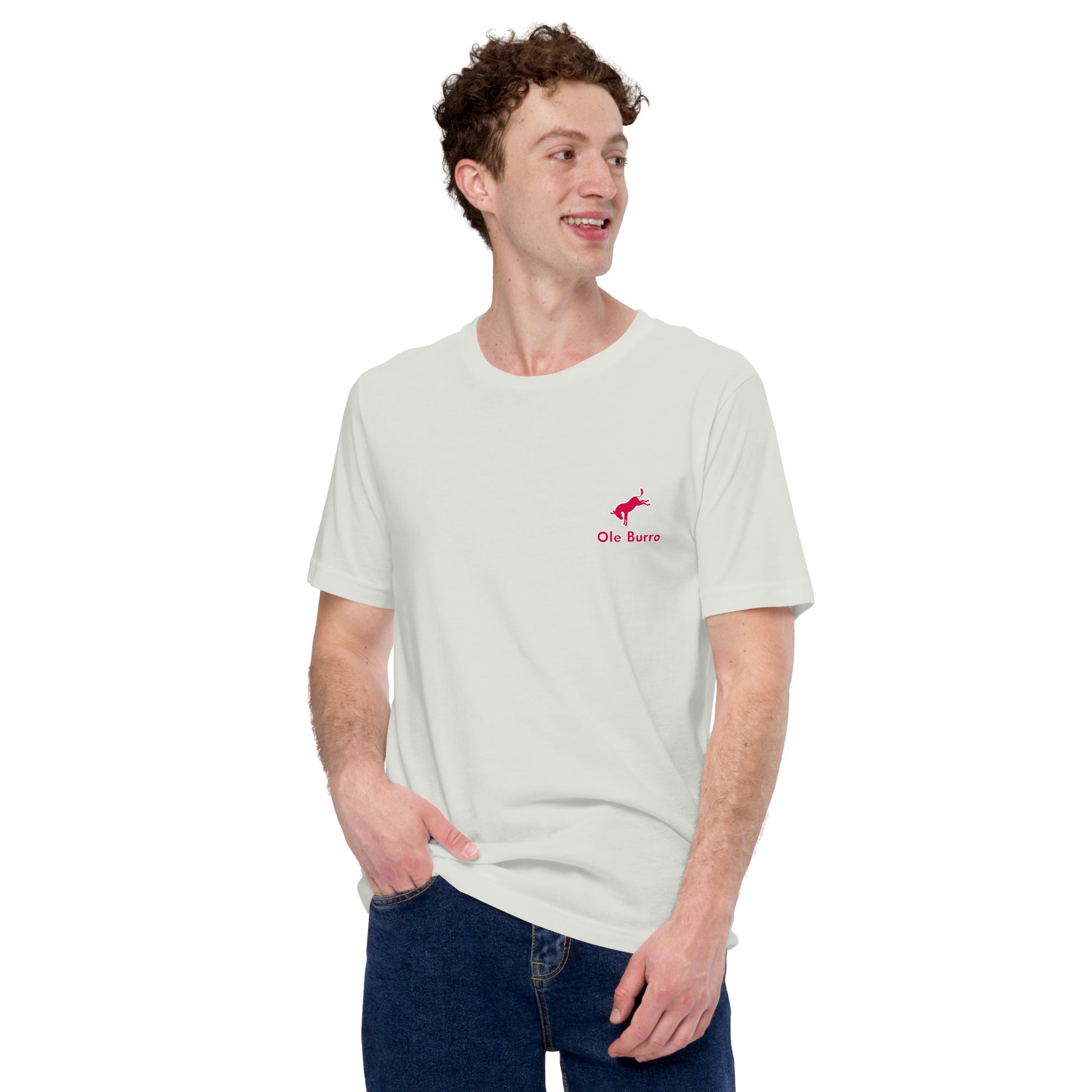 Man wearing a white t-shirt with a red logo on a white background
