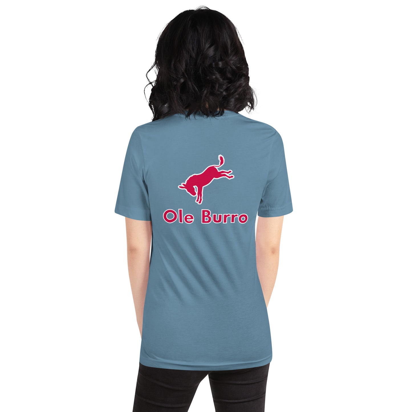 Person wearing a blue t-shirt with a red logo and 'Ole Burro' text on the back.