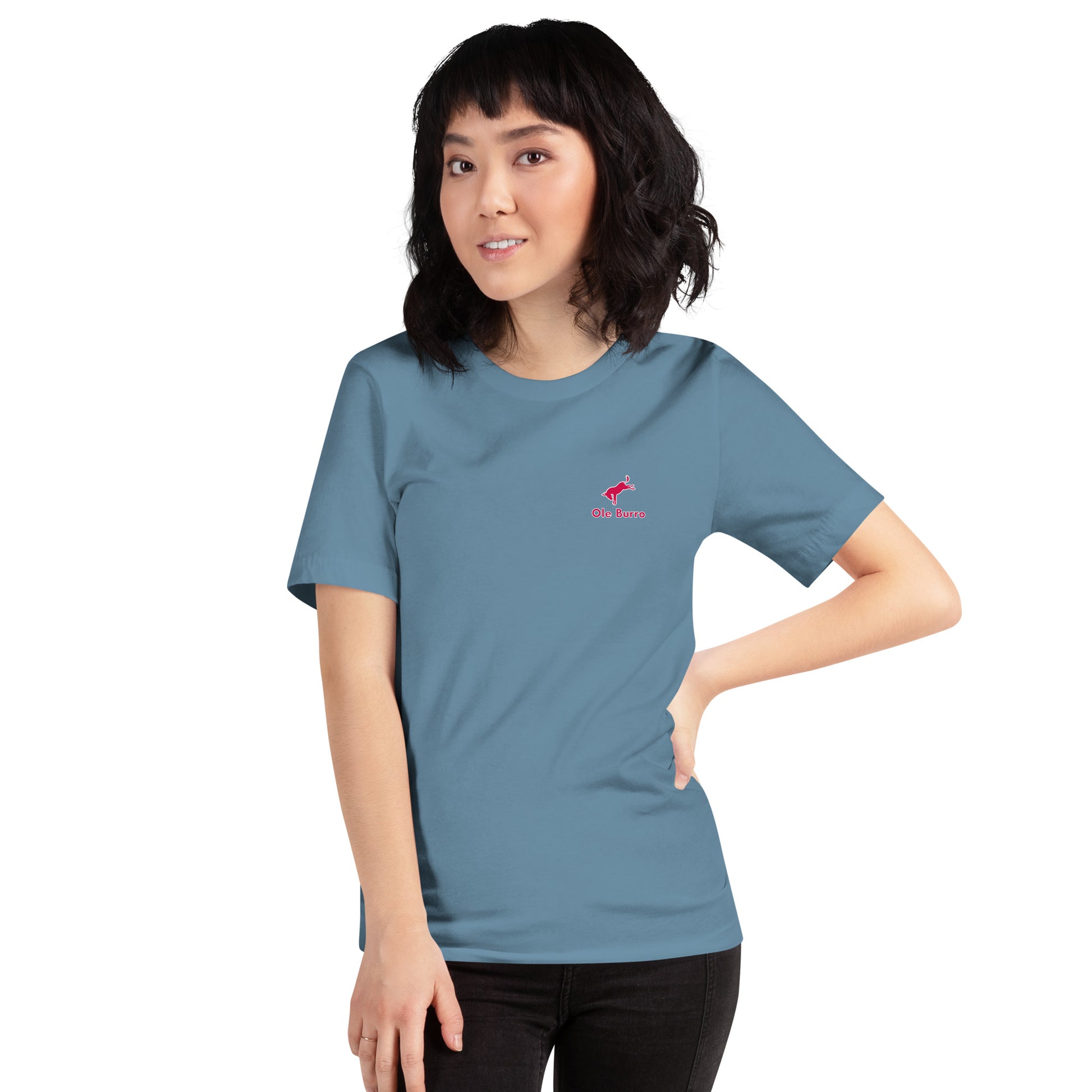 Person wearing a blue t-shirt with a red logo on a white background